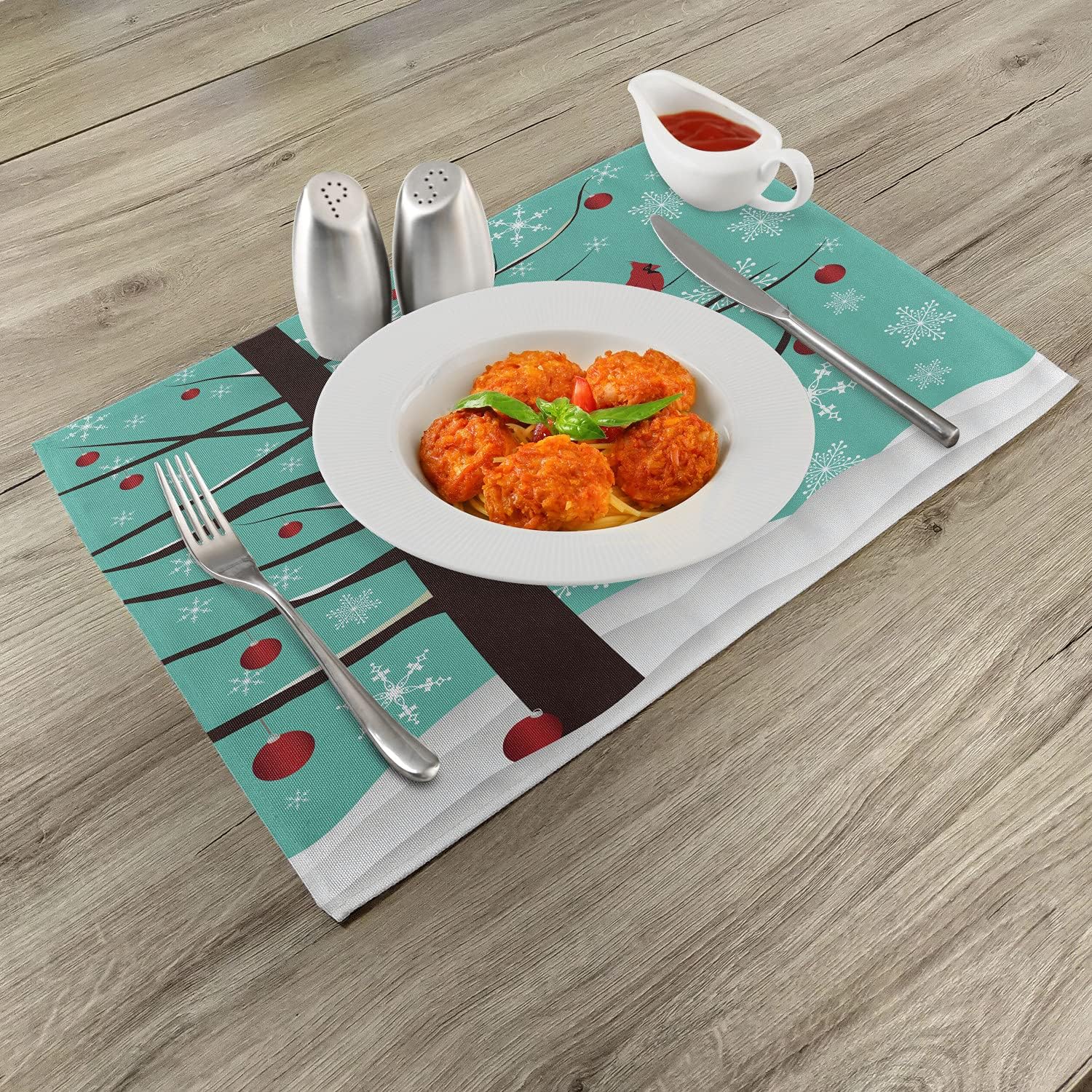 Lunarable Cardinal Place Mats Set of 4, Winter Illustration with Snowflakes and Red Bird Resting on a Tree Branch, Washable Fabric Placemats for Dining Table, Standard Size, Teal Green