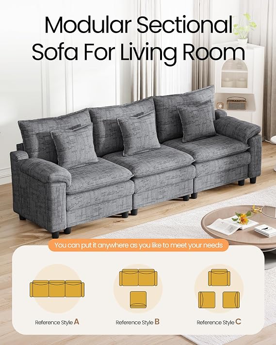 3 Seater Sofas, 231 cm Cloud Modular Sofas Couch with Spring Cushion, Grey