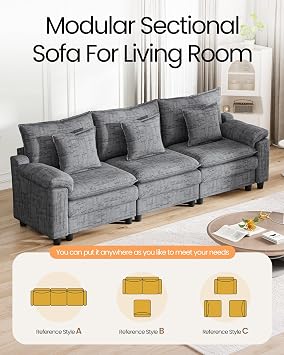 3 Seater Sofas, 231 cm Cloud Modular Sofas Couch with Spring Cushion, Grey