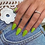 Light Green Press on Nails Medium Stiletto Almond,KQueenest Glossy Acrylic Nails Kit Reusable Fake Nails Feature Protective UV Coating for Women Nail Art Manicure in 24PCS