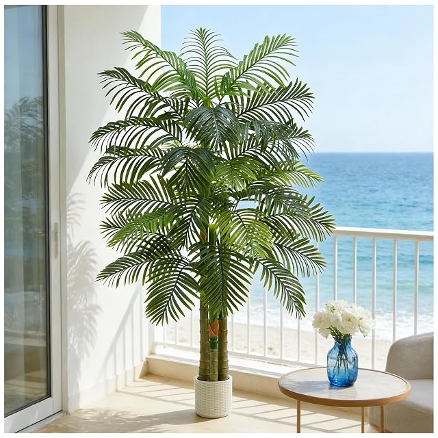 Artificial Golden Cane Palm Tree 6T Fake Large Tropical Areca Palm Trees Tall Faux Silk Plant in White
