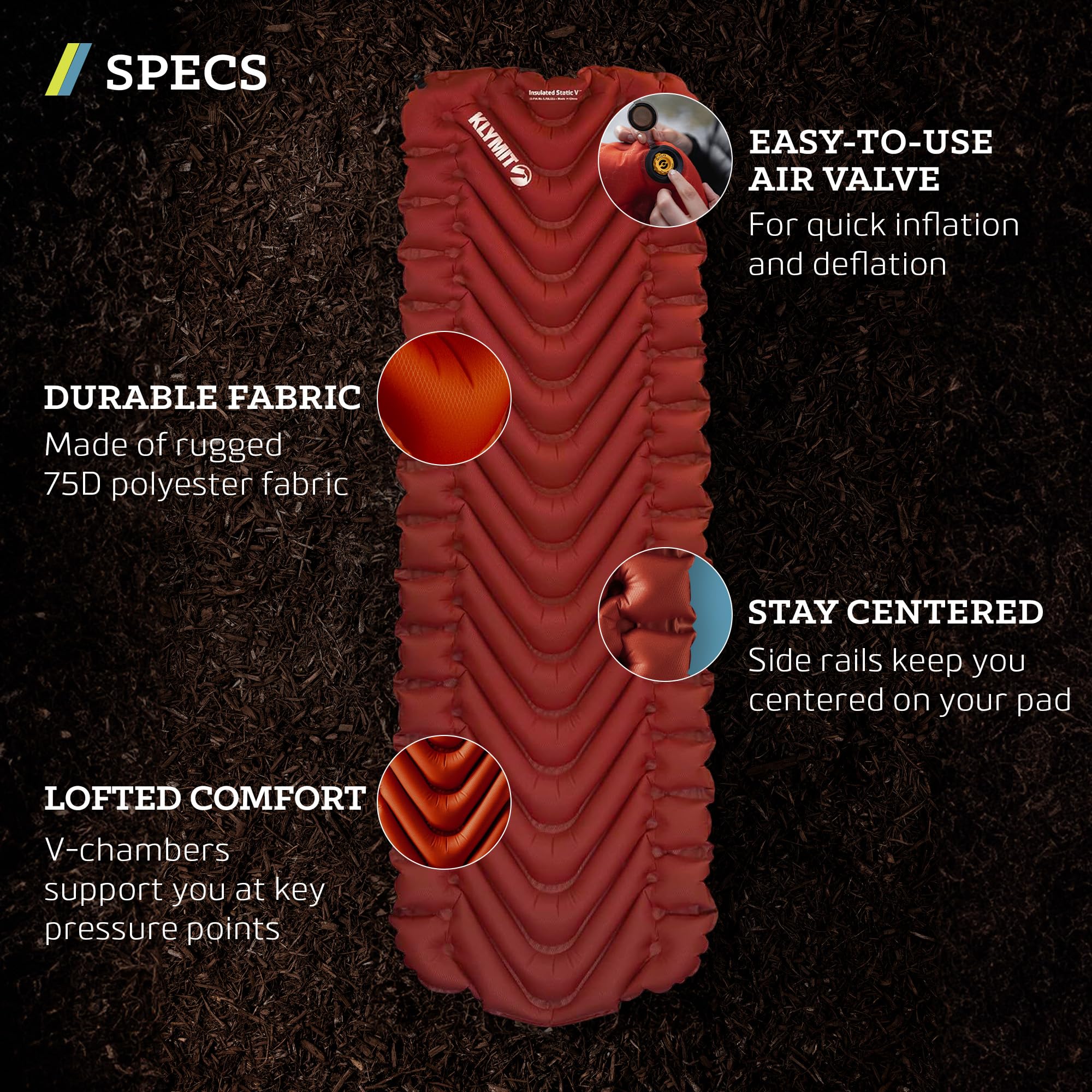 Klymit Colchoneta Inflable con Aislamiento estático en V | Cómodo, Ligero, fácil de inflar, colchón de Aire portátil para Camping, mochileros y Senderismo, Color Rojo
