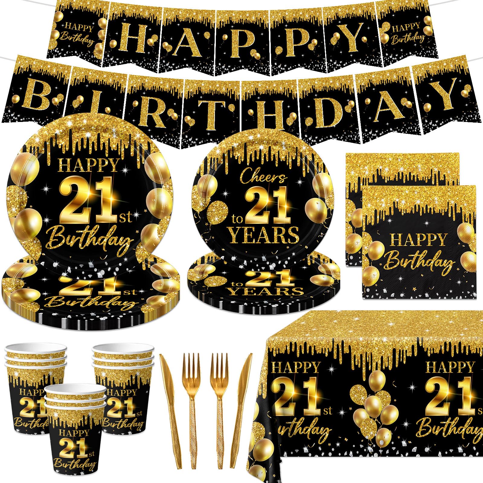 21th Birthday Decorations for Her Him, 142Pcs 21th Birthday Decorations Black Gold 21th Birthday Plates and Napkins Cheers to 21 Years Cups Banner Tablecloth for 21 Years Old Birthday Party Supplies