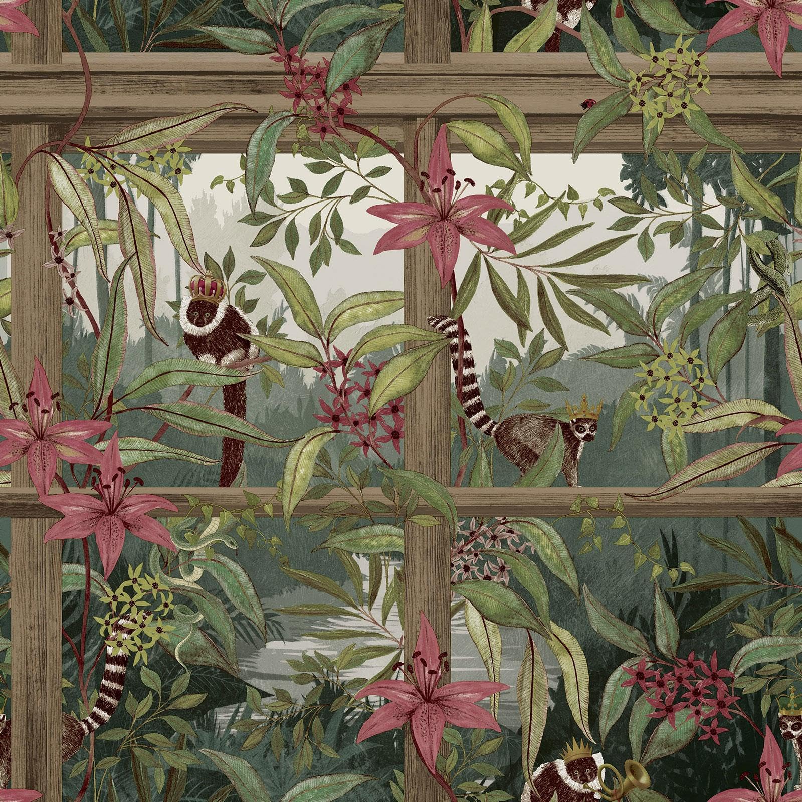 B&Q -  Tropical Lemur Wood Effect Wallpaper Botanical Trellis Green Pink Feature Wall