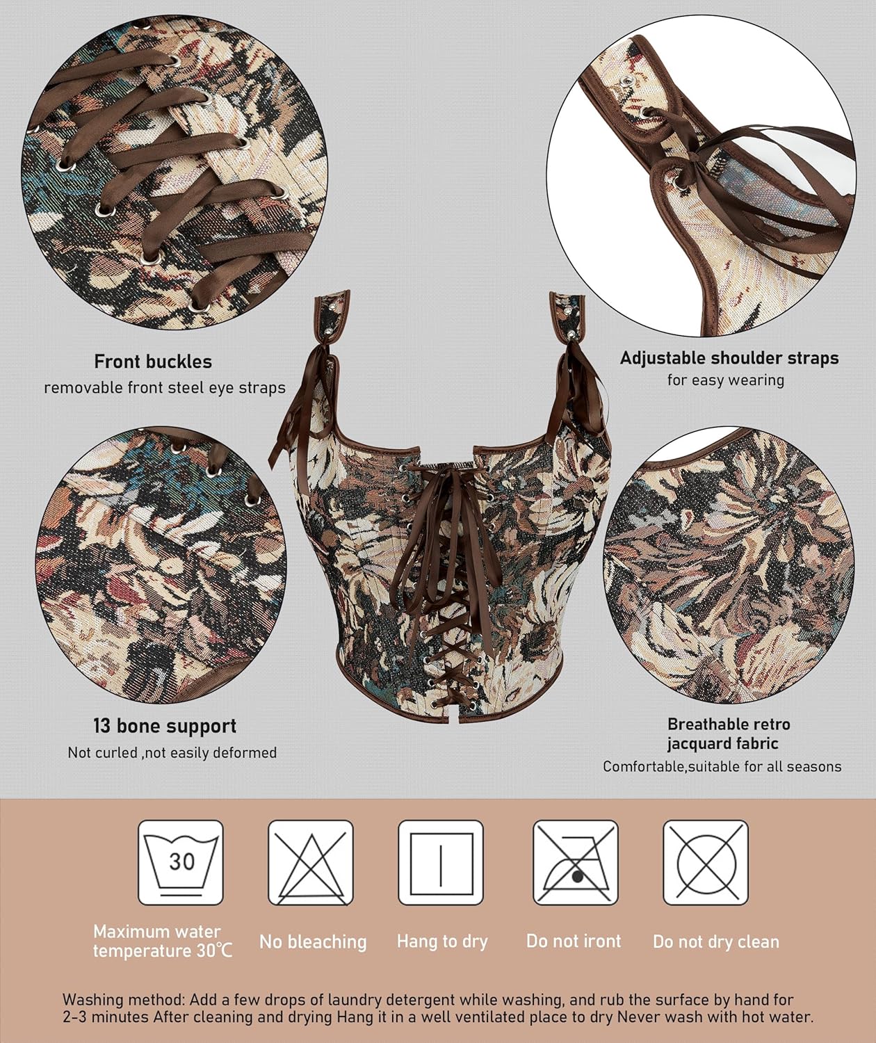 Renaissance Floral Corset Tops for Women Going-Out Vintage Brown Push-Up Overbust Bustier Lace-Up Boned Bodyshaper - Image 2
