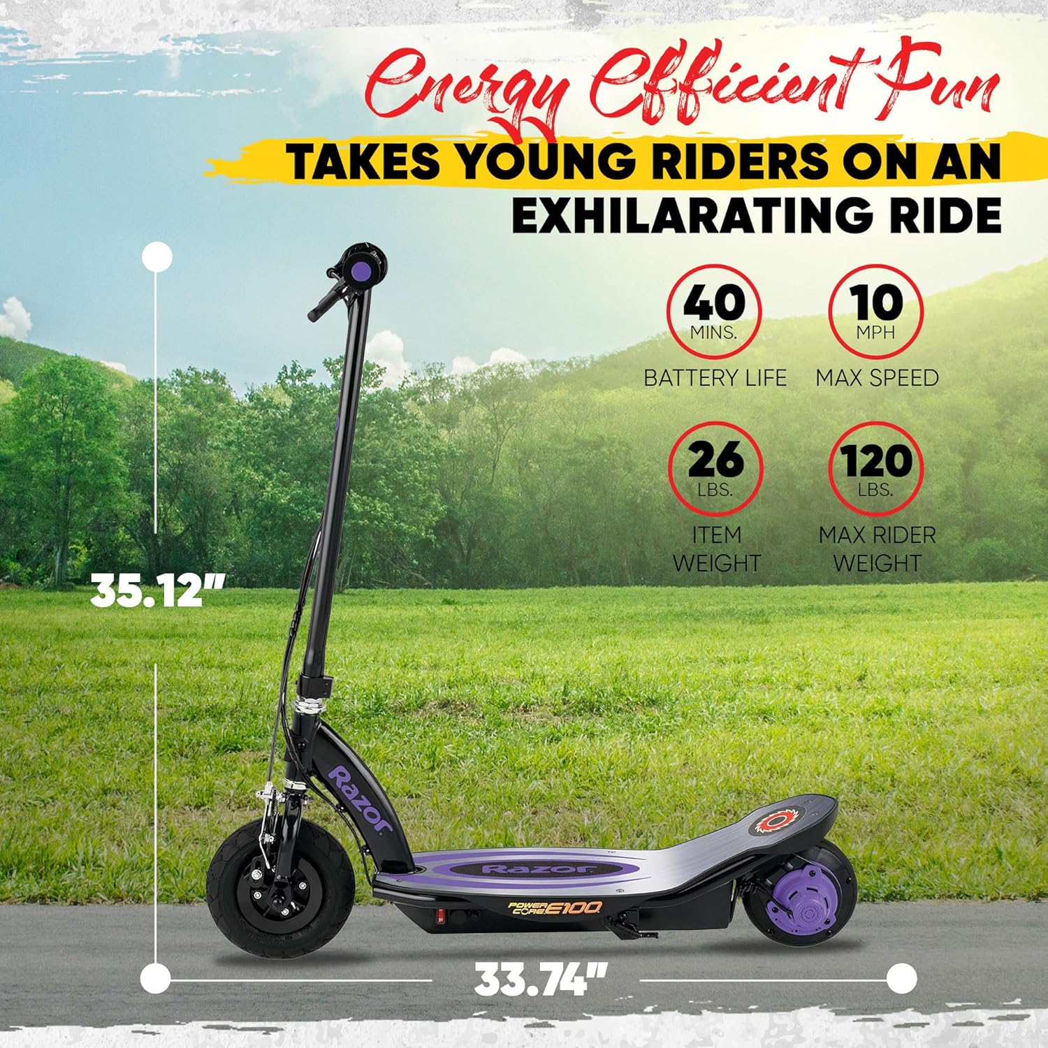 Razor Power Core E100 Electric Scooter - 100w Hub Motor, 8" Air-Filled Tire, Up to 11 mph and 60 min Ride Time, for Kids Ages 8 and Up