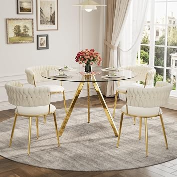5-Piece 39" Dining Table Set for 4, Modern Glass Kitchen Table & 4 Upholstered Woven Chairs with Metal Legs, Space-Saving Dinette Set for Dining Room, Small SpaceBeige&Gold