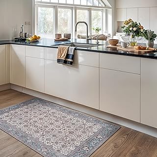 Bloom Rugs Waschbarer, rutschfester Teppich, 90 x 150 cm, Blau/Beige, traditioneller orientalischer Teppich für Wohnzimmer, Schlafzimmer, Esszimmer und Küche, exakte Größe: 90 x 150 cm