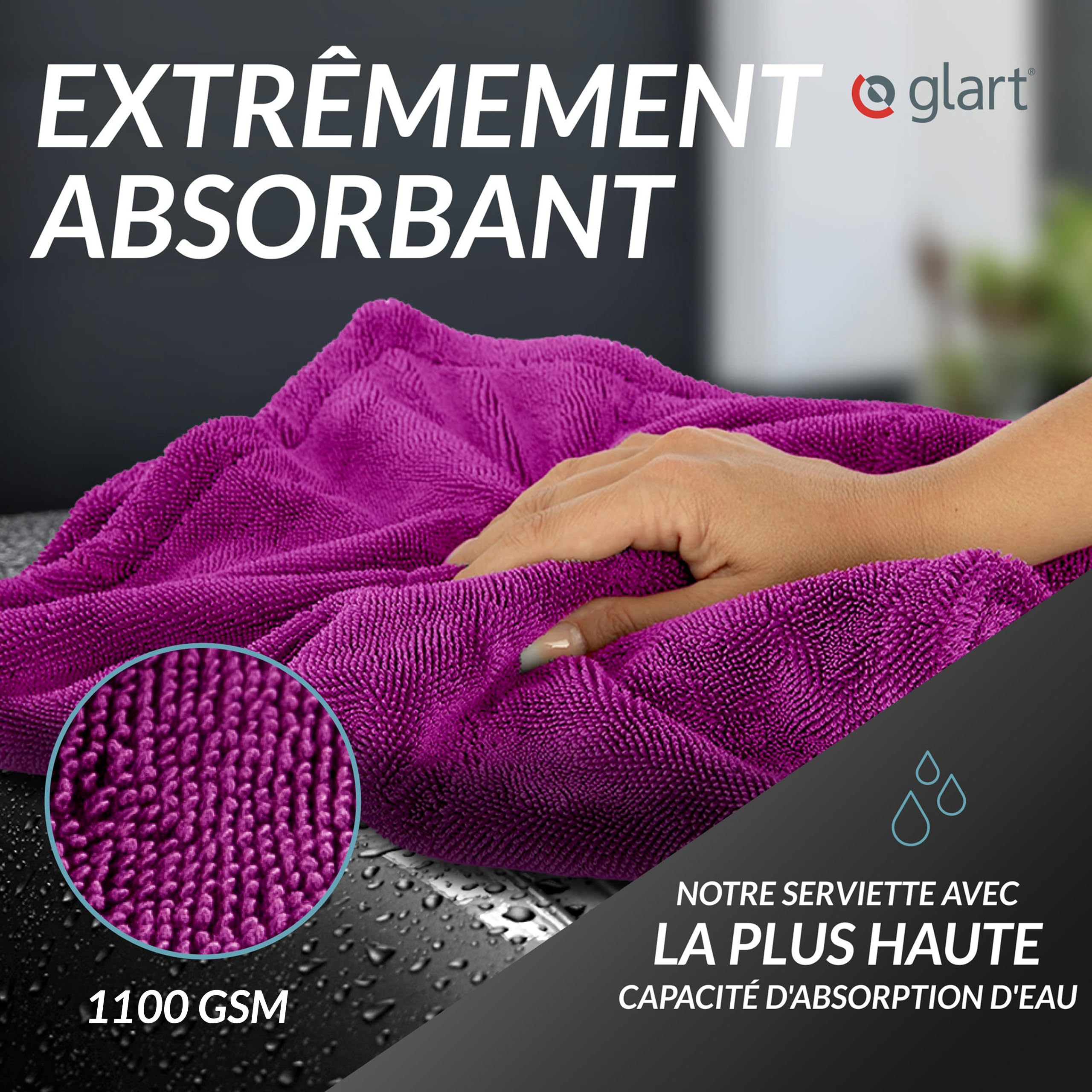 Glart 44TW8P Twist Serviette de Séchage Auto XXL - Serviette de séchage Premium pour Voiture, Ultra absorbante - 80x55cm