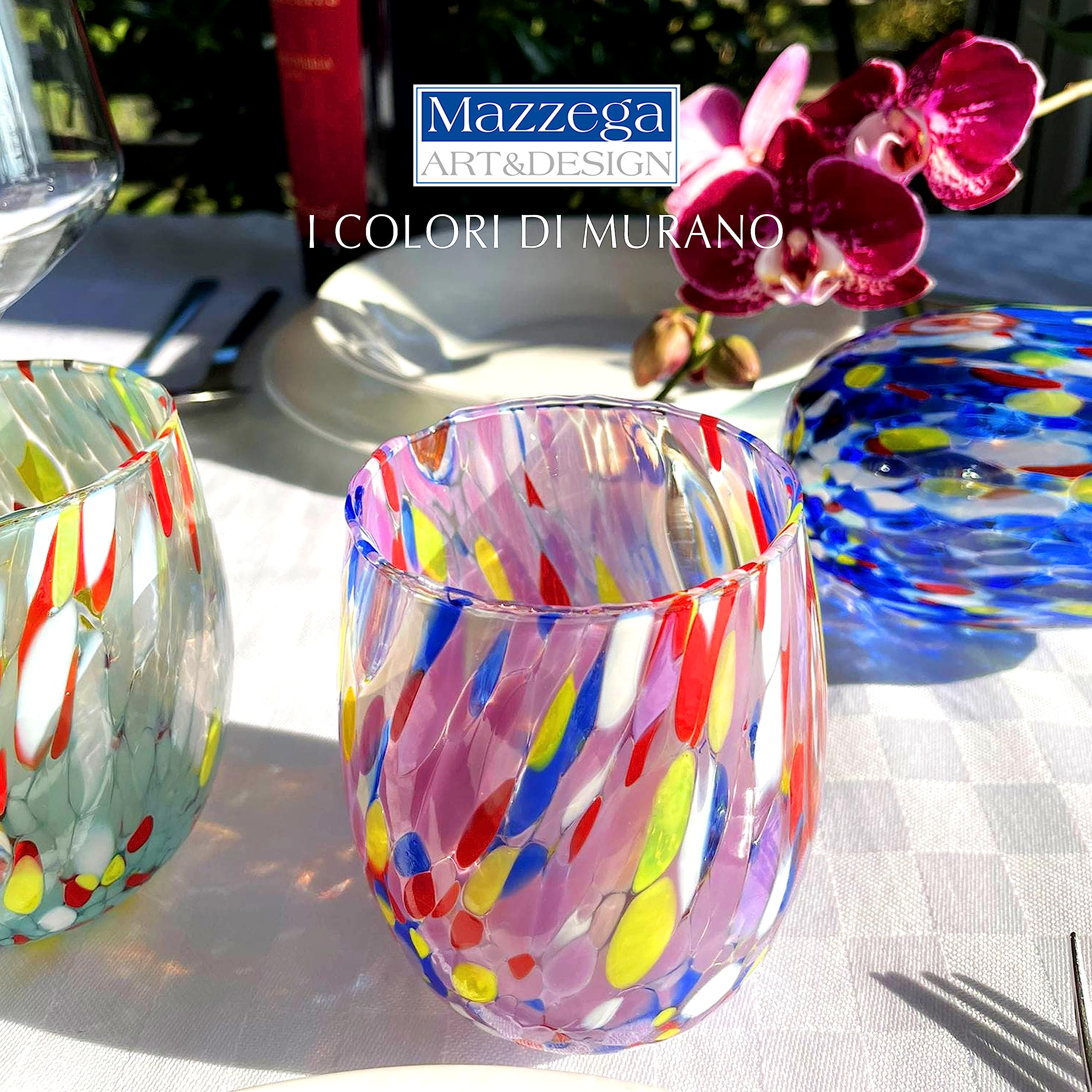 MAZZEGA ART & DESIGN - 2 x ręcznie dmuchane i oryginalne szklanki do wody Murrine Murano - kolory Murano - Columbine 435 ml. Wyprodukowano we Włoszech (fioletowy, 2)