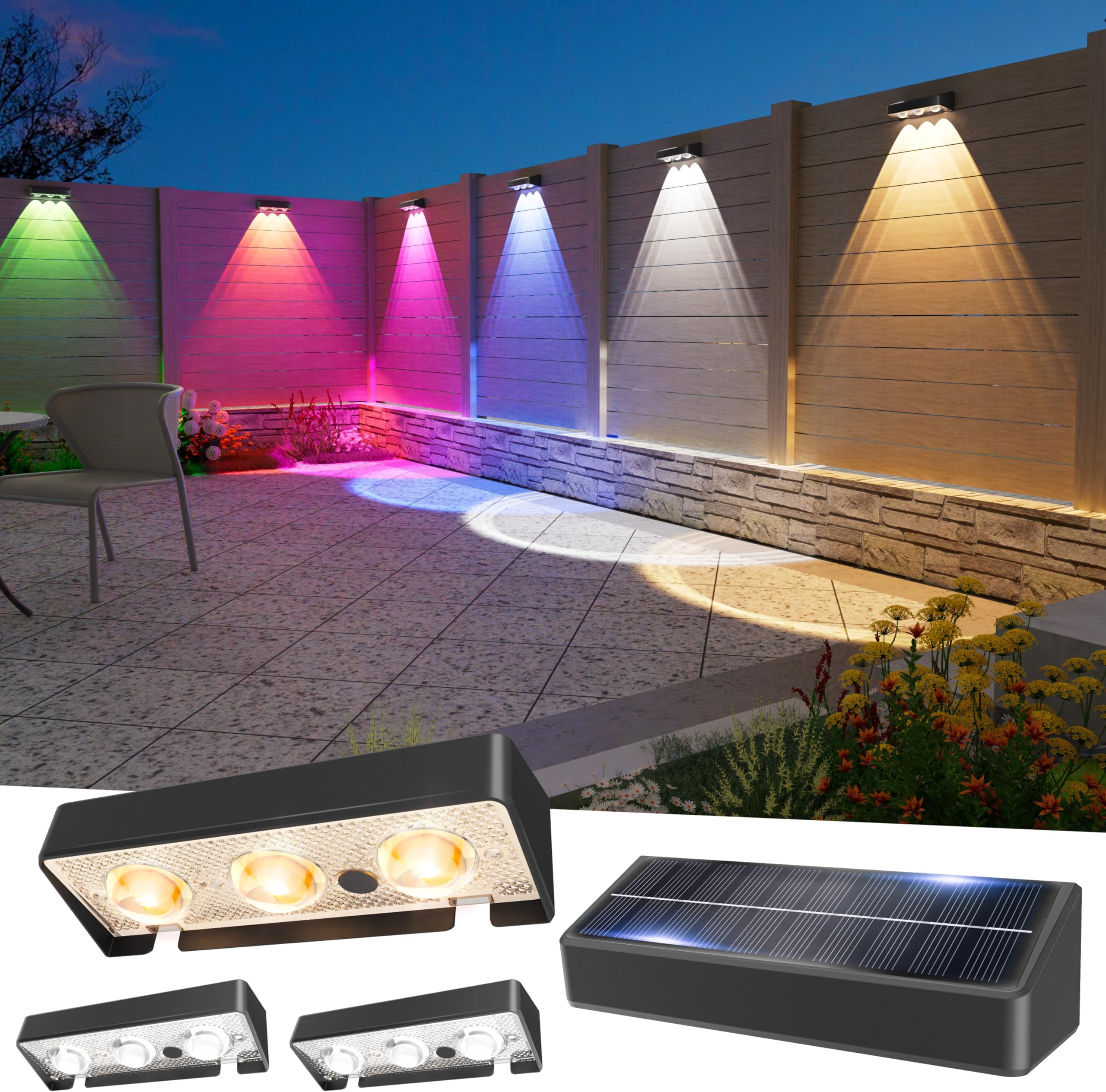 JOFIOS Solar Fence Lights Outdoor, 4 Pack, 9 Fixed Colors ＆ Color Changing Fence Lights Solar Powered Waterproof IP65 Dusk-to-Dawn LED Deck Lighting for Patio, Railing, Pool, Porch, Backyard, Wall