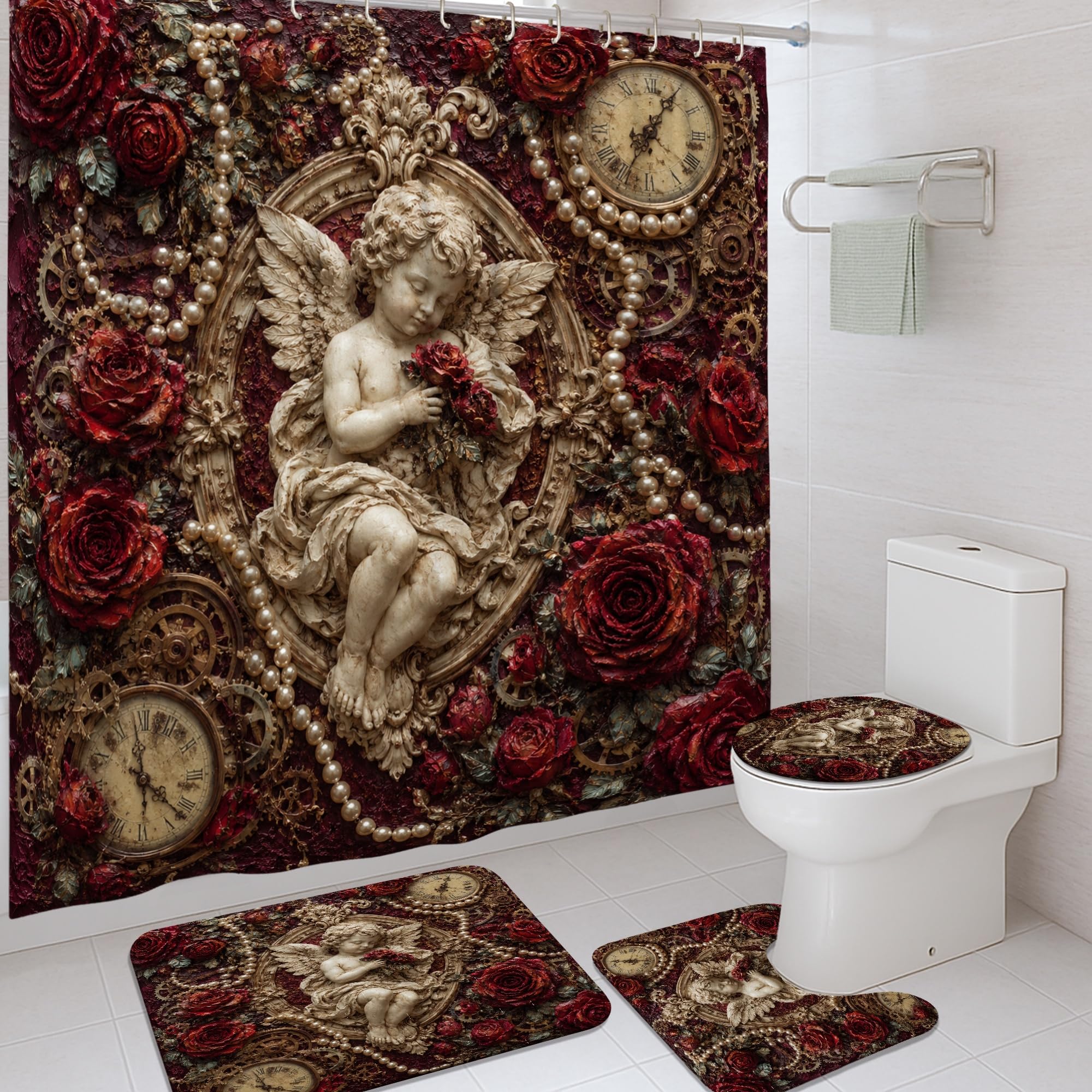 Rideau de douche haut de gamme en polyester rouge motif ange et roses 183 cm