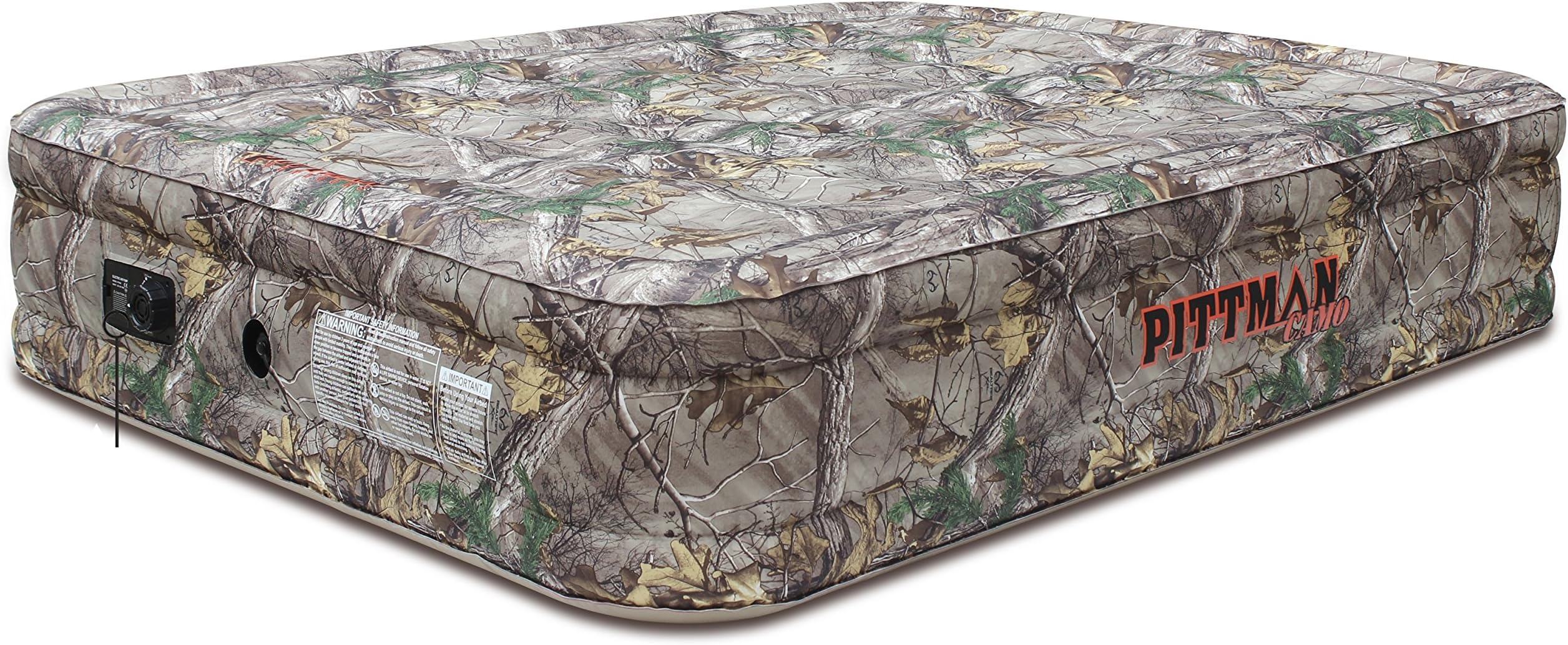 Pittman OutdoorsAirbedz Air Mattress - Indoor Outdoor Waterproof Bed, Built-in Rechargeable Battery Air Pump, Queen Size, 16-inches Tall, Realtree Camo, Carry Bag and Patch Kit Included