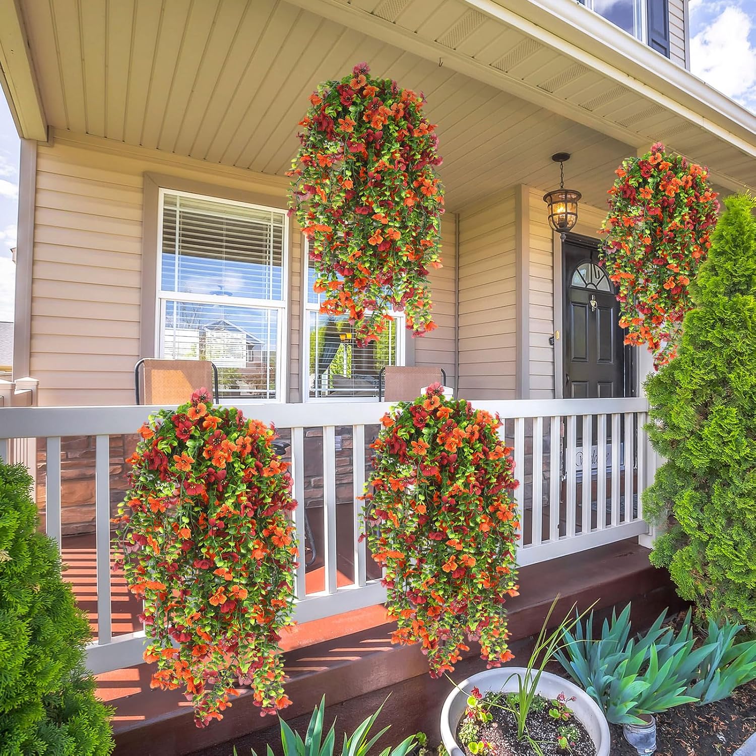 12 Pcs Fall Artificial Hanging Flowers Plants for Outdoor Decoration Fake Silk Mums UV Resistant Daisy Look Real Autumn Violets with Eucalyptus Trailing Vines Porch Patio Yard Garden Balcony - Image 4