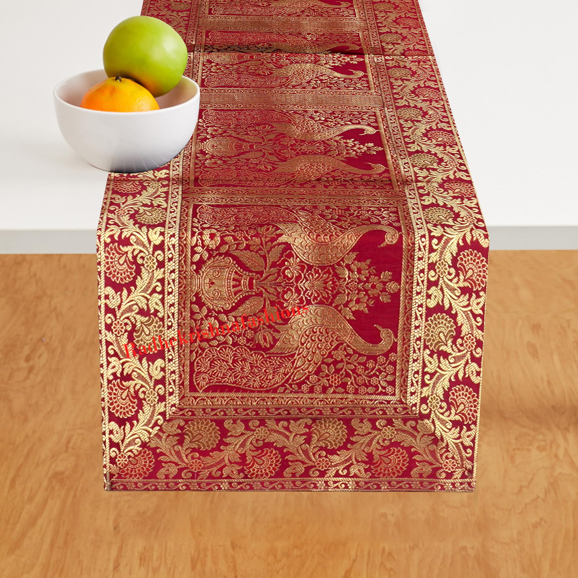 Radhy krishna fashions Rajasthani Hand Art Work Elephant Design Silk Table Runner & Tablecloth 60 x 16 Inch (Red Peacock)