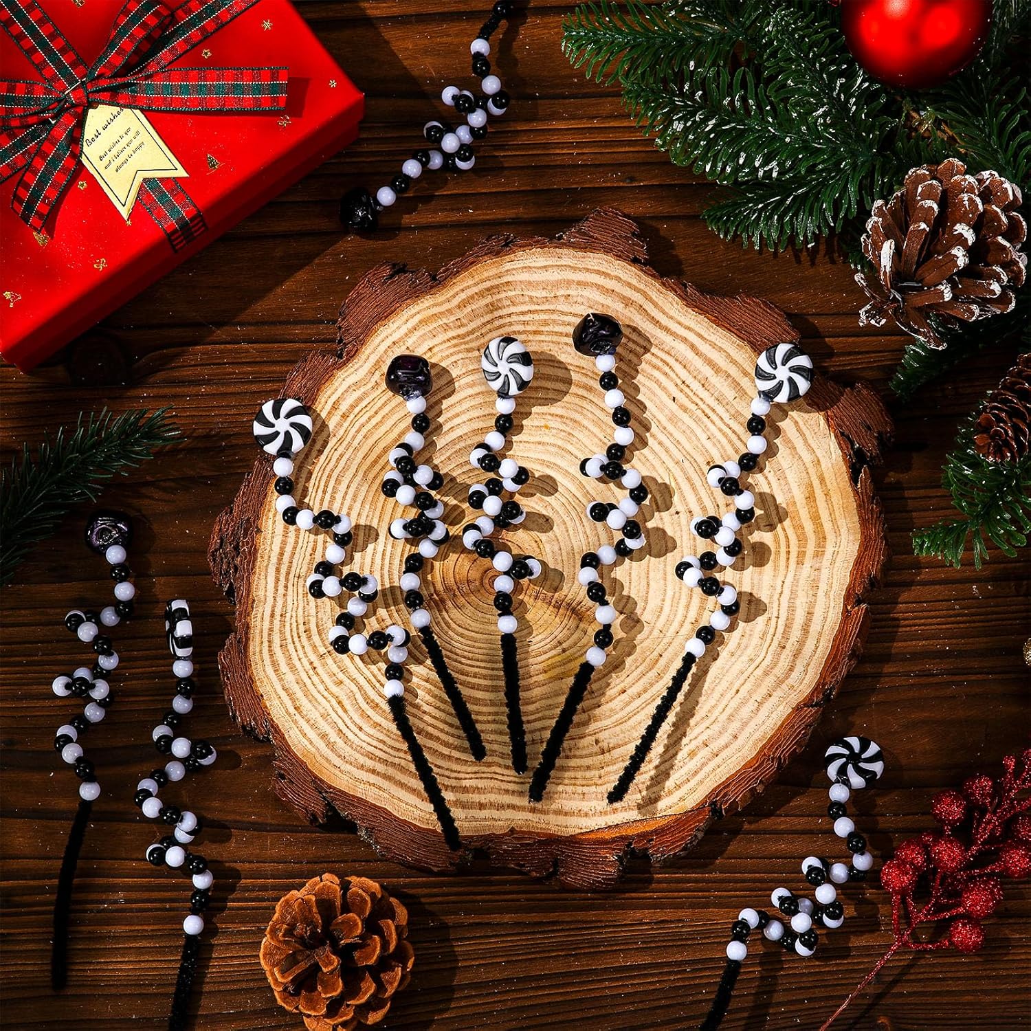 Tigeen 50 Pcs Christmas Candy Cane Pick White Black Christmas Tree Curly Pick Ornaments Xmas Candy Shape Tree Topper Decorations Home Office Crafts - Image 6