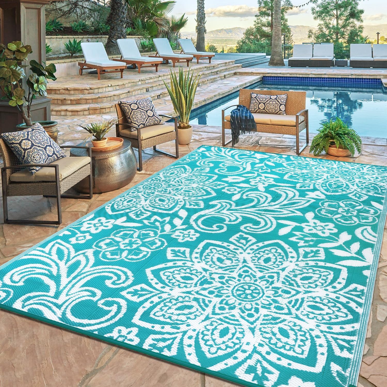 Findosom Waterproof Outdoor Rug 9' x 12' - Reversible Mandala Outdoor Plastic Straw Rug, Durable Foldable Patio Rug for RV, Deck, Balcony, Backyard, Picnic, Porch, Camping, Beach, Blue