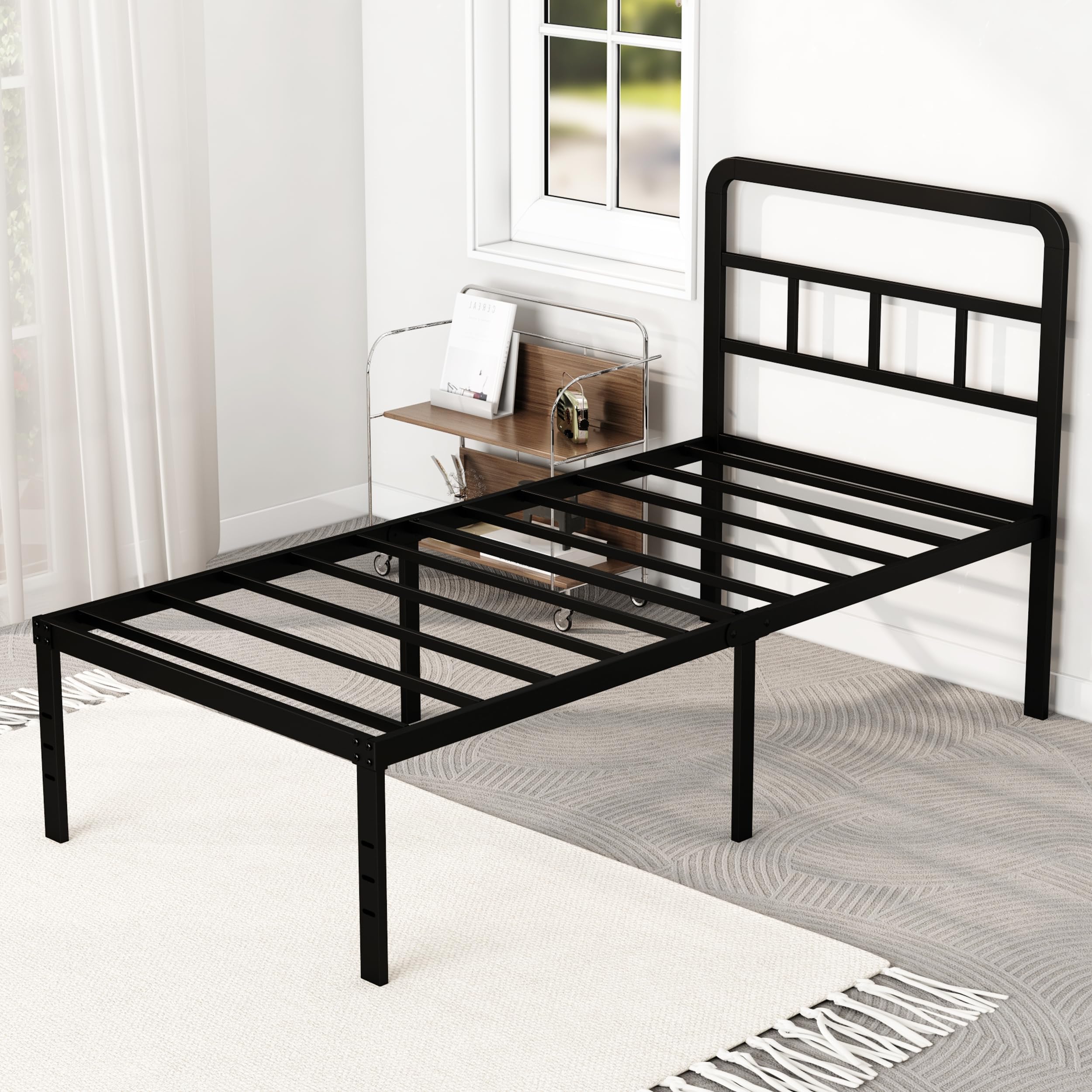 Twin Bed Frames with Headboard 18 Inch, Metal Platform No Box Spring Needed Heavy Duty Steel Slat Mattress Foundation/Easy Assembly/Noise Free/Black
