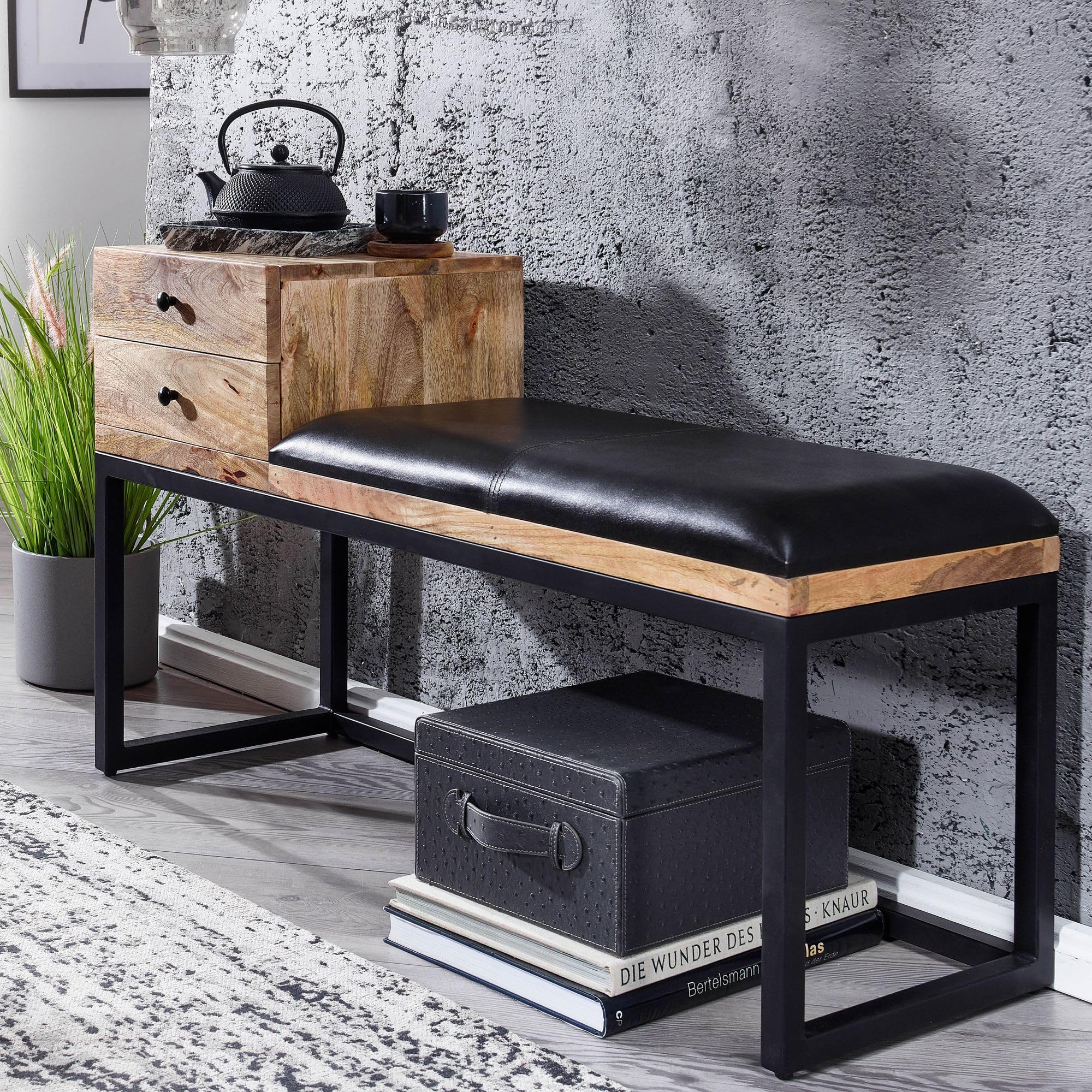 FineBuy Banc 100x35x60 cm Bois Massif Cuir Véritable Noir, Tiroir