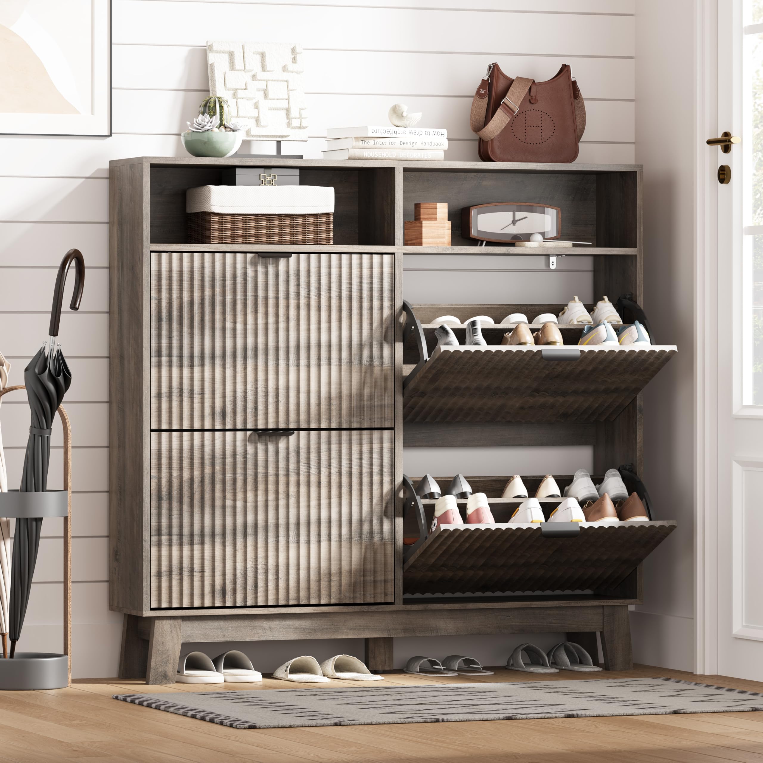 Shoe Cabinet Storage for Entryway with 4 Flip Drawers, Fluted Narrow Shoe Organizer with Wooden Legs &amp; Top Cubby, Freestanding Slim Shoe Storage Hidden Shoe Rack for Front Door Entrance, Grey