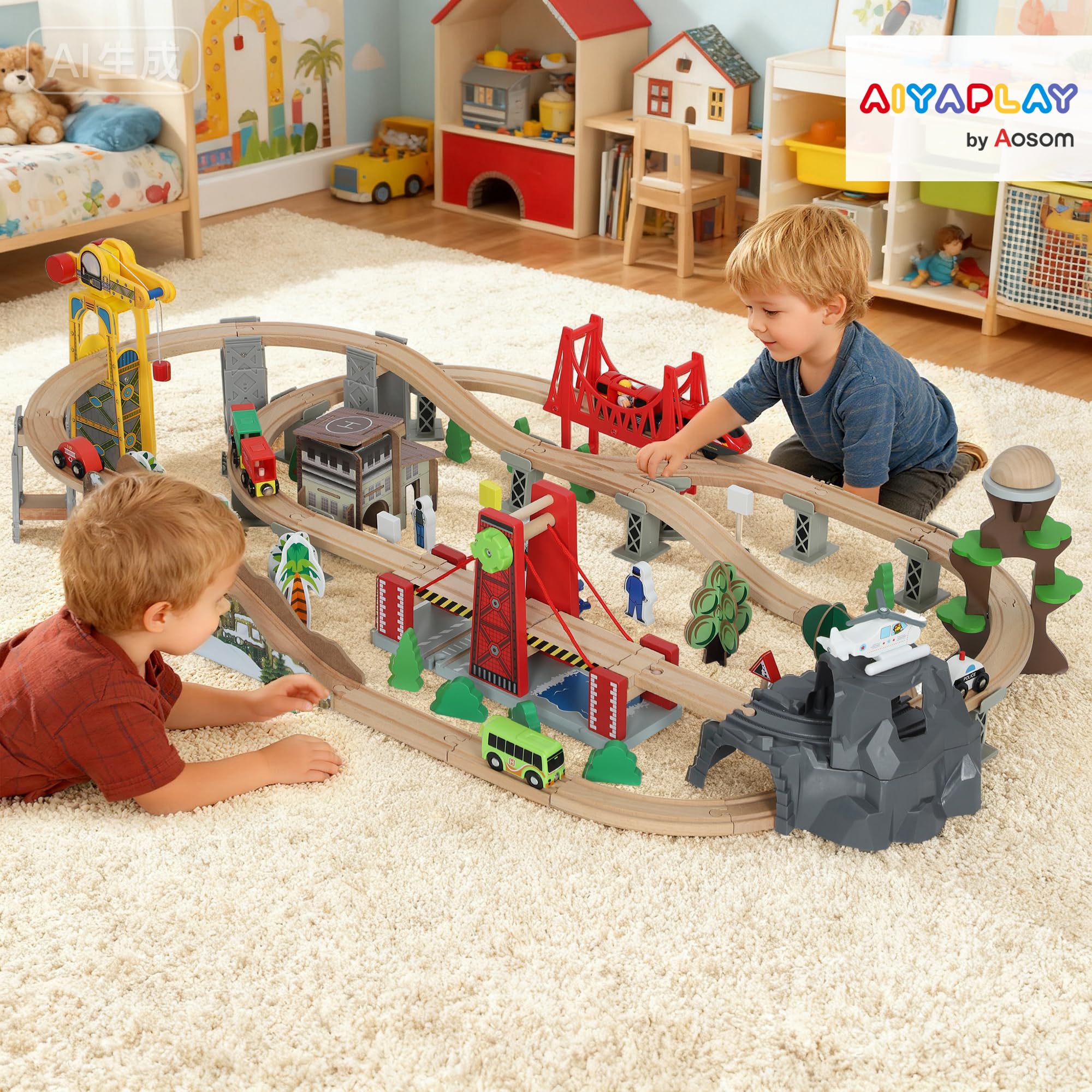 AIYAPLAY Tren de Madera Set 100 Piezas vía para niños 3+ años