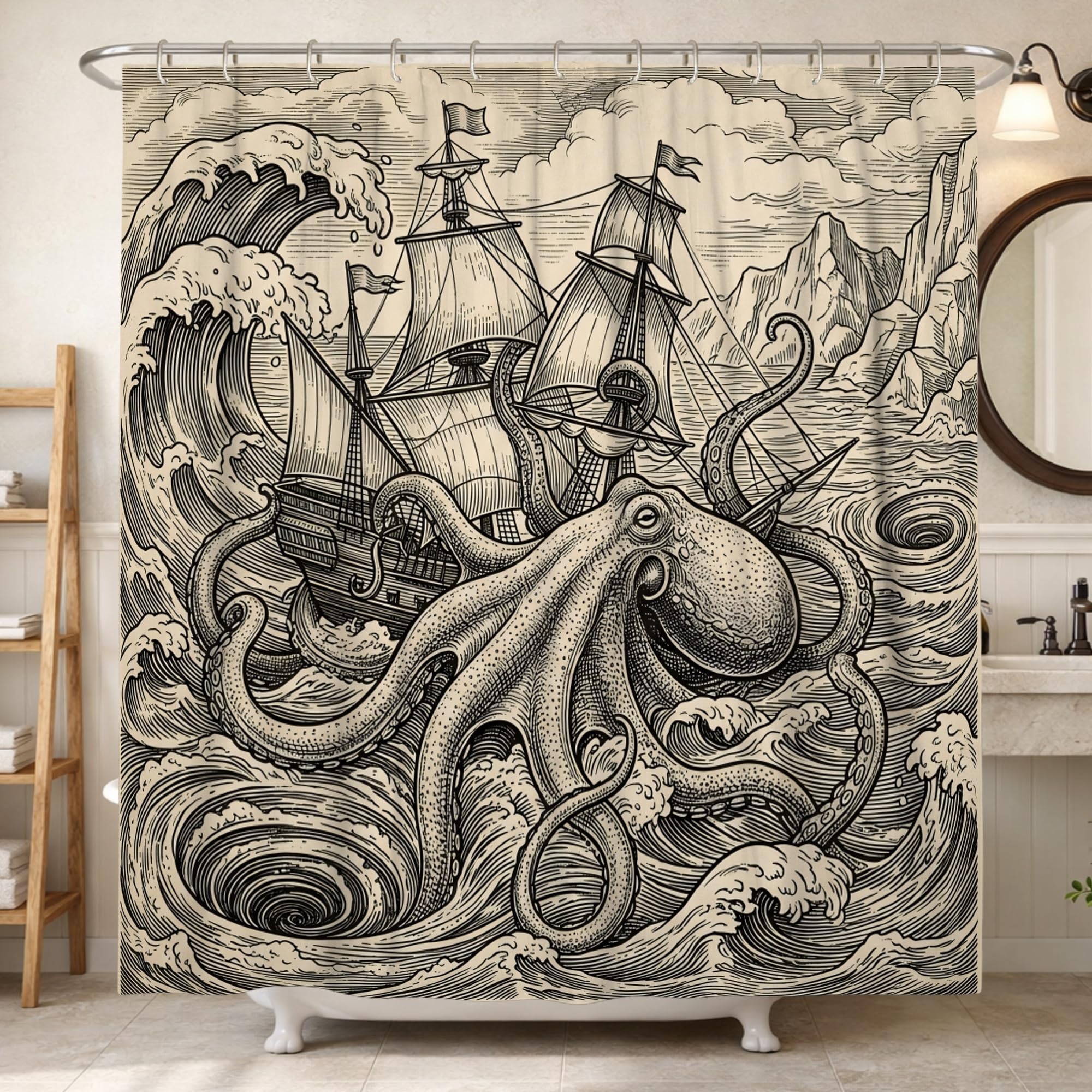 Rideau de douche vintage pieuvre en polyester imperméable 183x213 cm