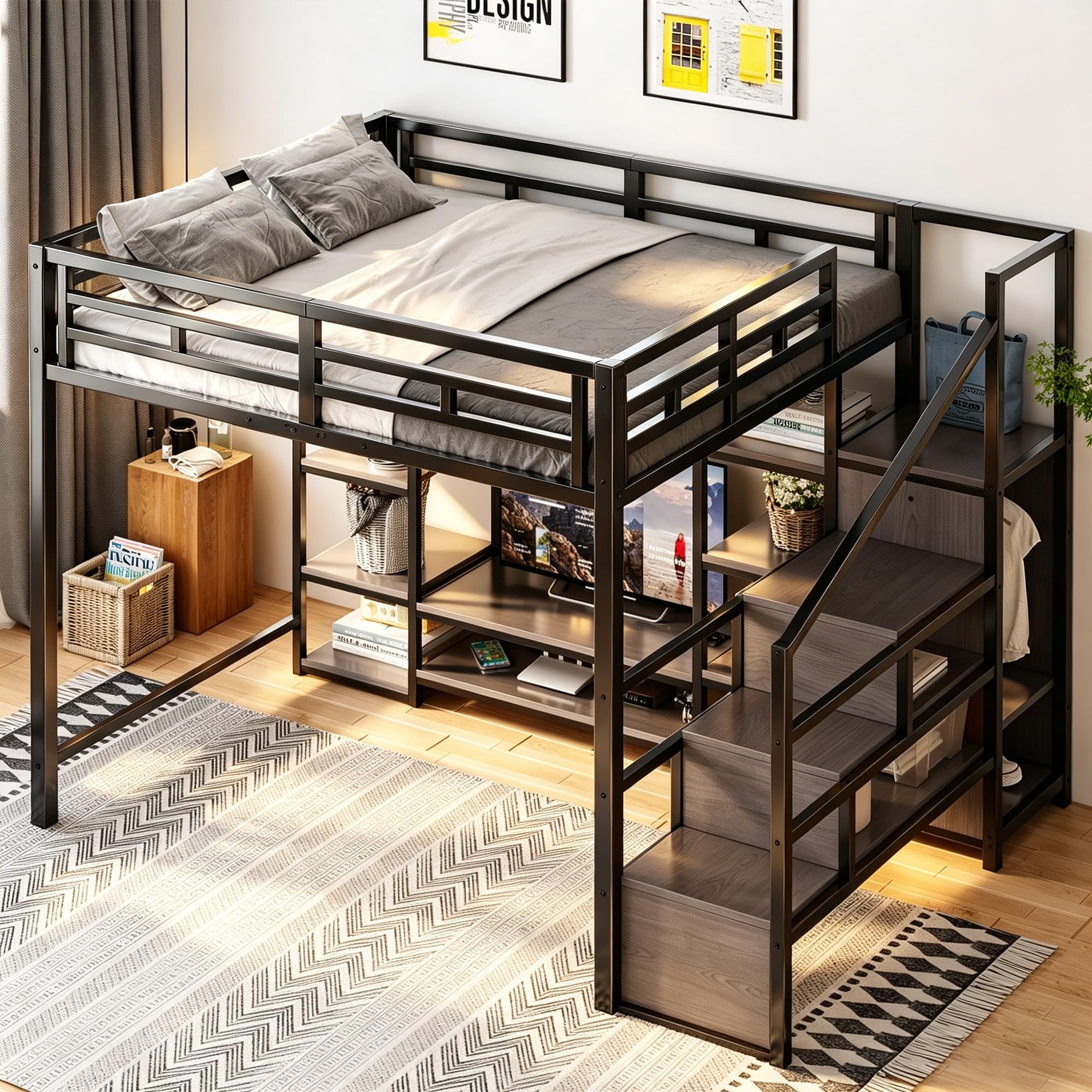 Cama alta de 140 x 200 cm metal y madera con escalera de seguridad