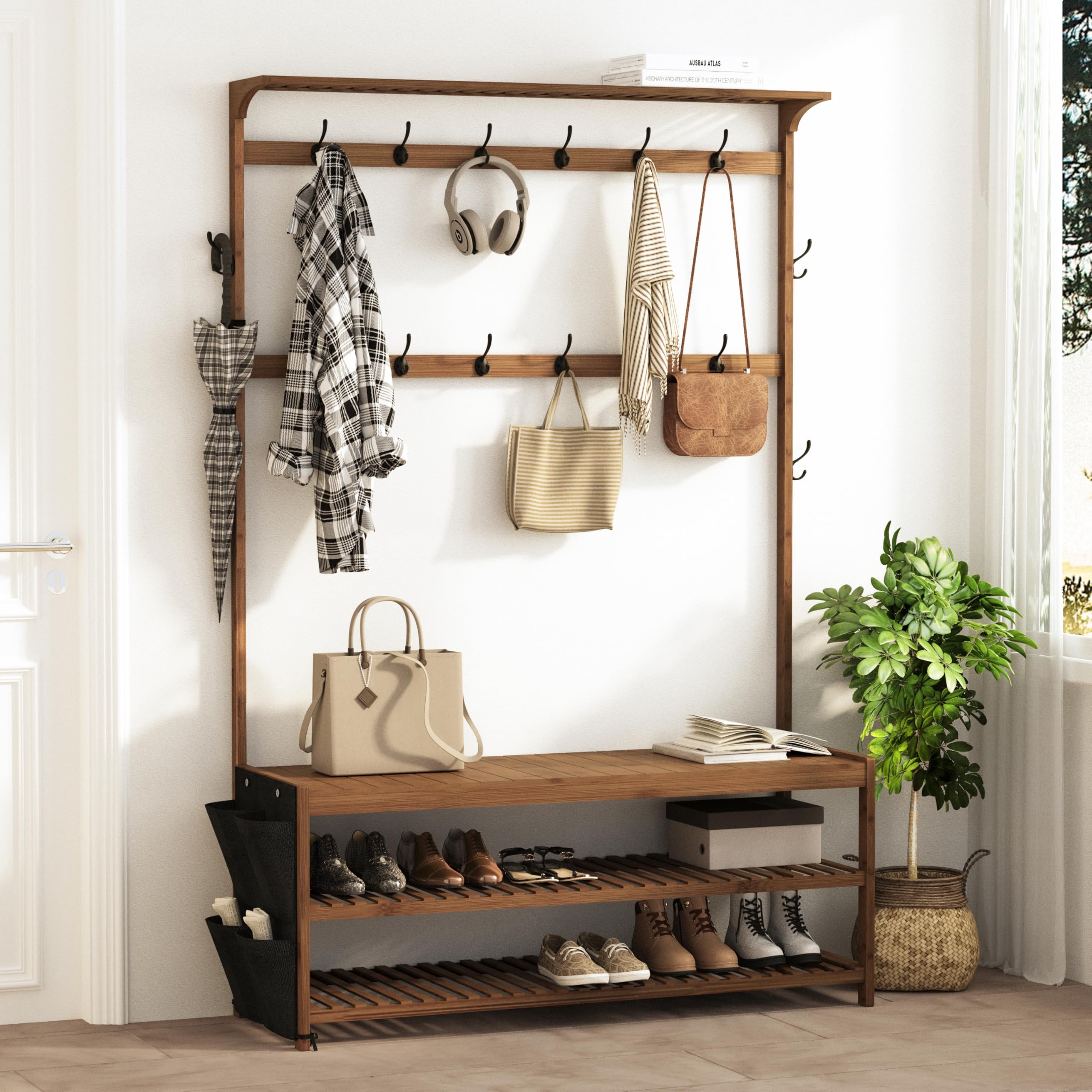 AMBIRD Coat Rack Bamboo Hall Tree Entryway Shoe Bench and Shelves, 6-in-1 Coat Stand with Storage Cloth Bags with 14 Coat Hooks, Large Dimensions Brown, 119x40x180