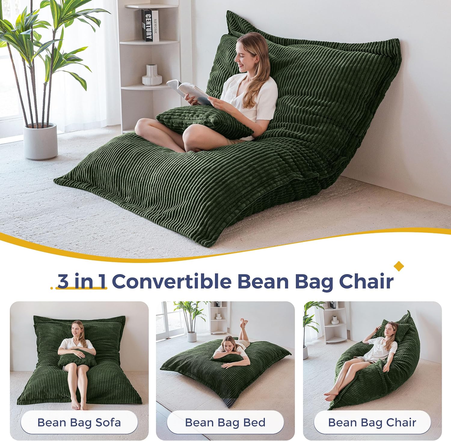 MAXYOYO Giant Bean Bag Chair with Pillow, 3 in 1 Convertible Bean Bag Chair image 3