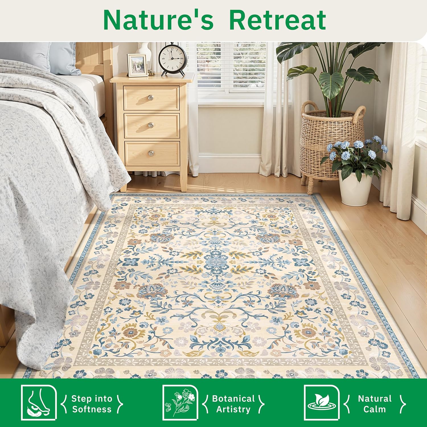 3x5 Area Rugs for Living Room Washable Rugs for Bedroom Cloud Like Soft Morris Floral Rug Non Slip Waterproof Rugs for Entryway Kitchen Bathroom Beige
