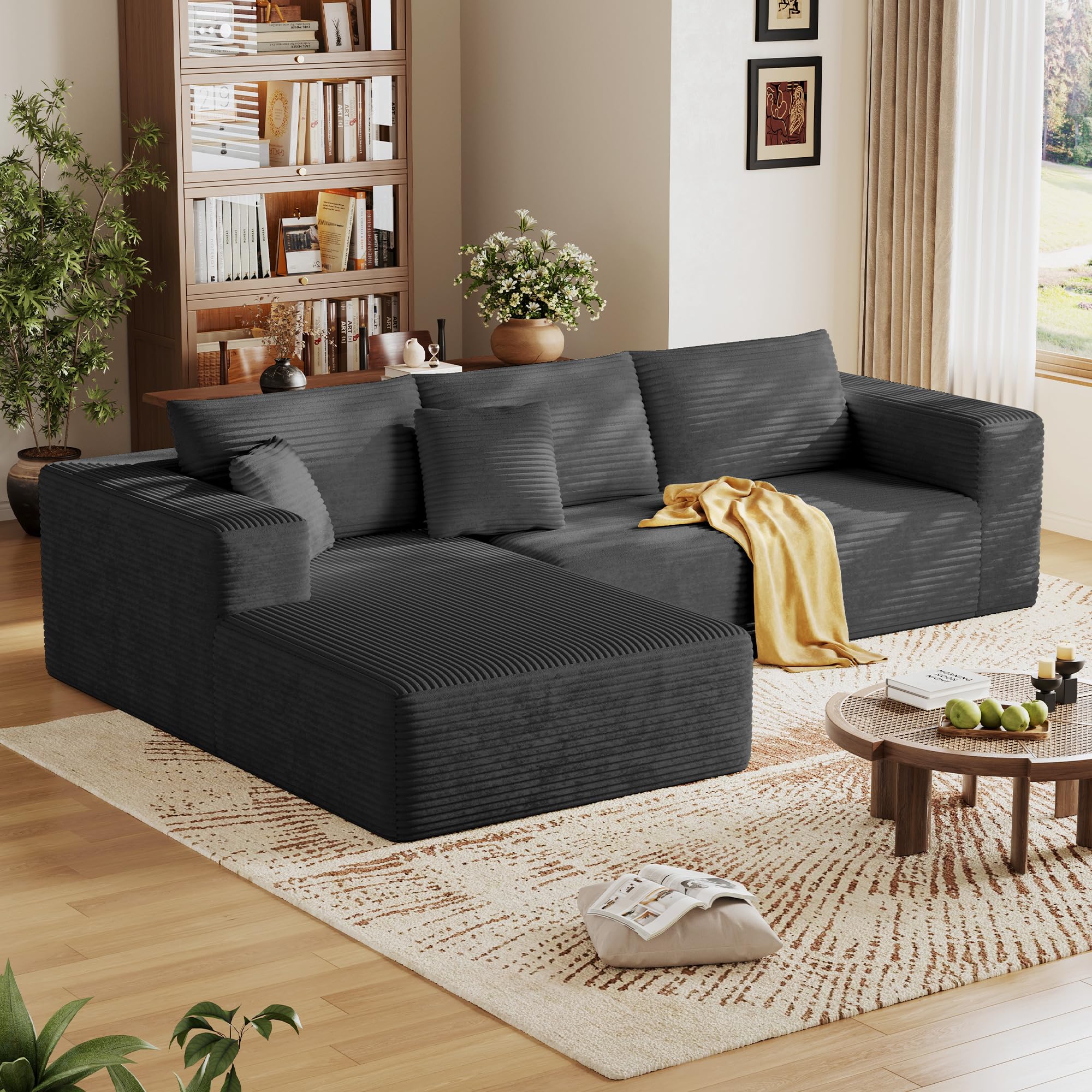 CHORRO108''Sectional Boneless Cloud Sofa,Modern Modular L-Shape Couch for Living Room,Corduroy Convertible Sponge Sleeper Sofas,Upholstered Lougne Chaise Couchs-with Soft Pillow(Gray,Left Chaise)