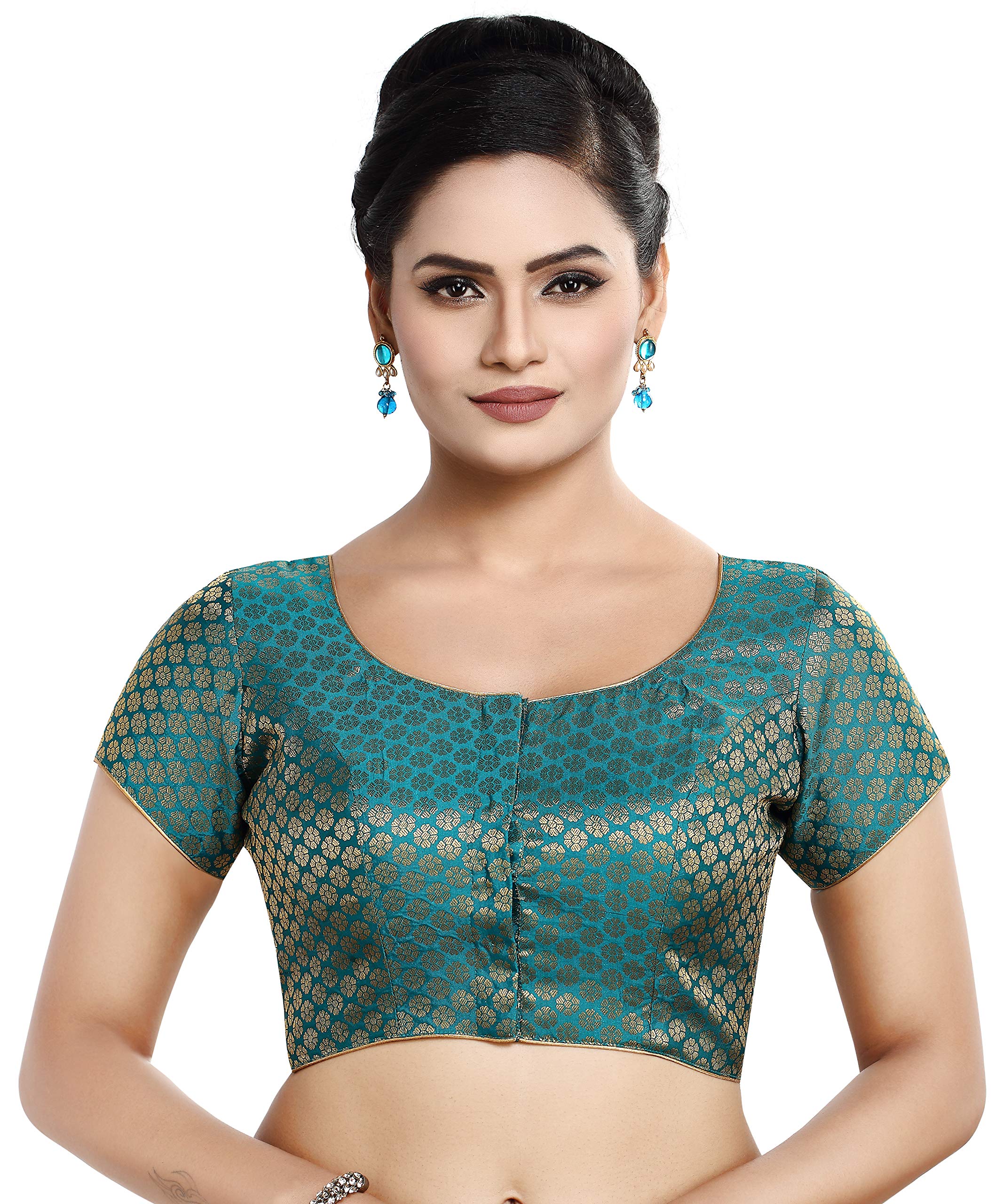 Madhu Fashion Womens Short Sleeves Banaras Brocade Readymade Saree Blouse