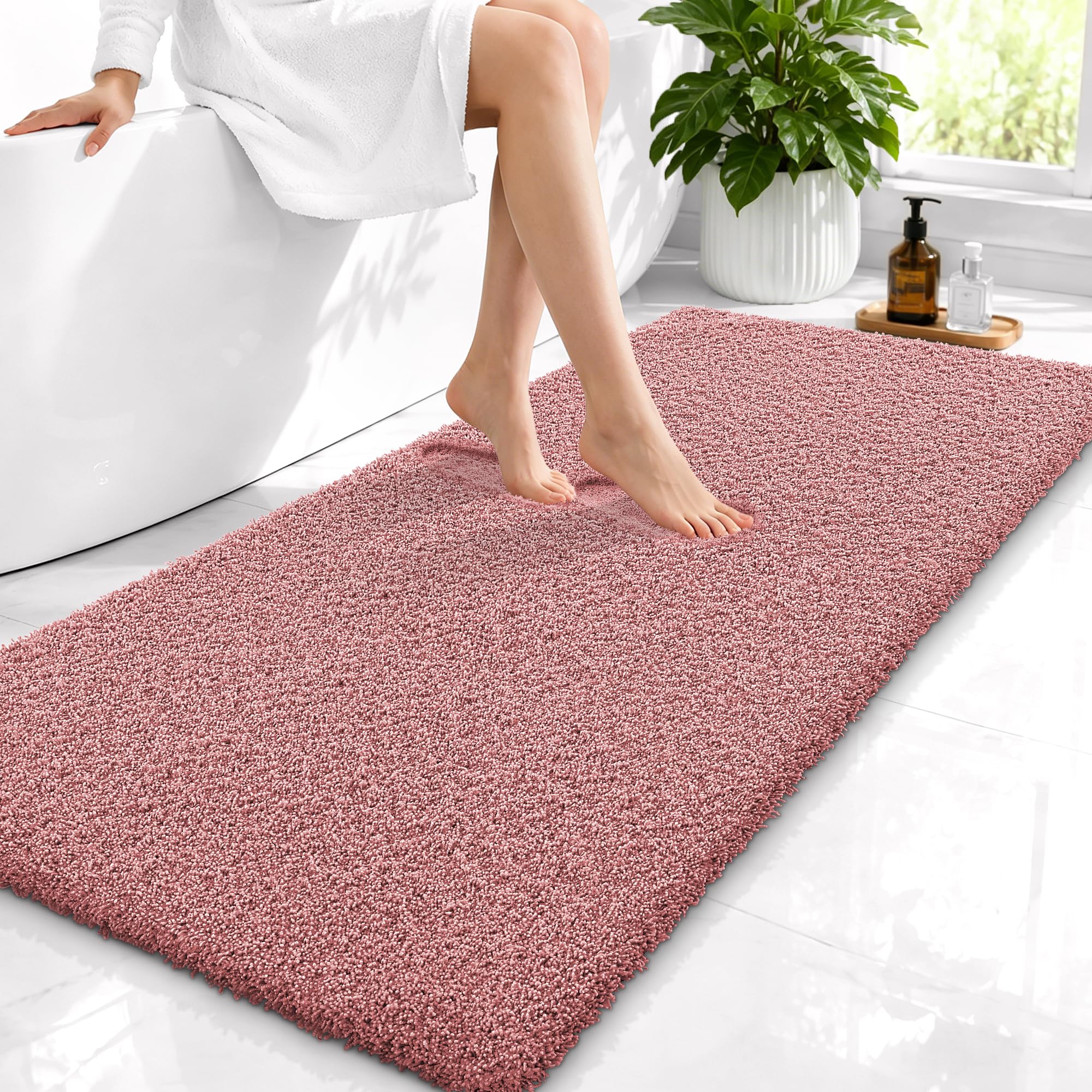 OLANLY Microfiber Bathroom Runner Rugs 47x24, Soft Bath Mat, Deep Rose