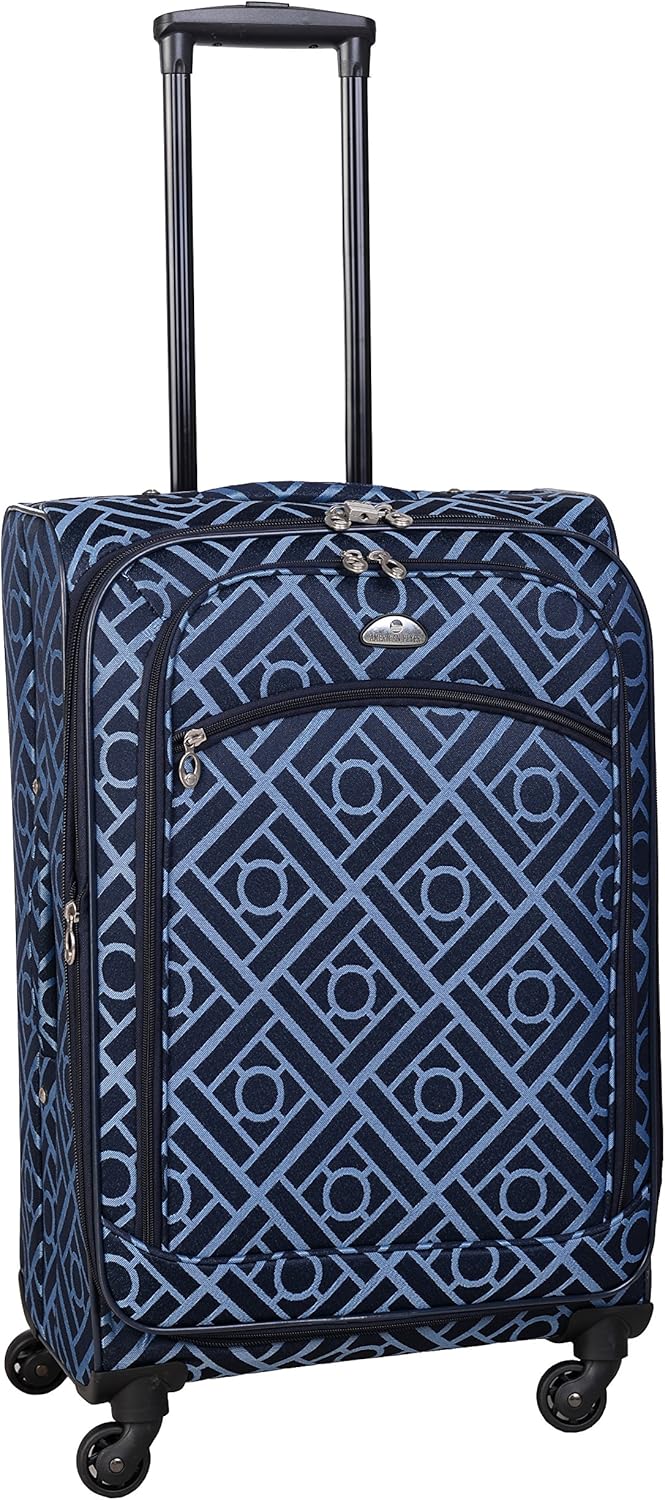 Front view of an American Flyer upright luggage with extended handle