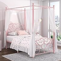 VECELO Pink Twin Metal Canopy Bed Frame with 4 Posters, Headboard, No Box Spring, Heavy Duty Steel Slats