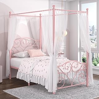 VECELO Pink Twin Metal Canopy Bed Frame with 4 Posters, Headboard, No Box Spring, Heavy Duty Steel Slats