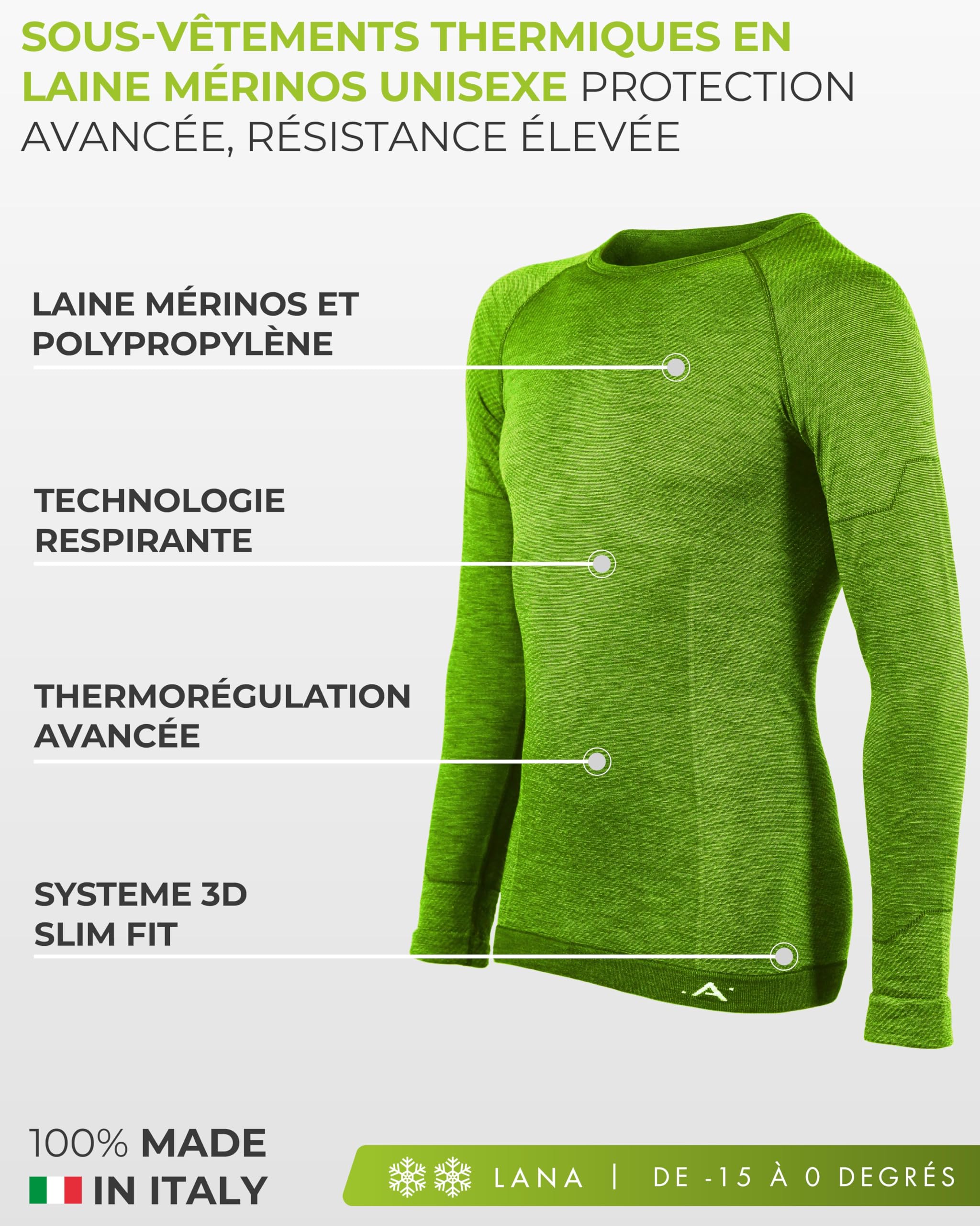 Risalti Haut Thermique Femme et Homme Laine Merinoss - sous Vetement Thermique Homme et Femme Extreme, élastiques, Respirants, Unisex, sans Couture - Made in Italy