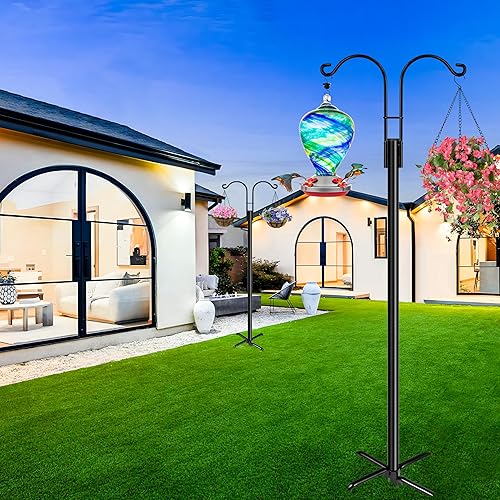 Miniatura 7 de XDW-GIFTS Ganchos de pastor dobles para exteriores, paquete de 2 postes de jardín resistentes para colgar comederos de pájaros, cestas de plantas,