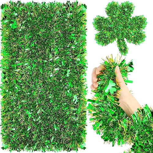 Guirnalda de oropel verde de trébol irlandés brillante de 32.8 x 4 pulgadas, guirnalda metálica de trébol irlandés para decoración de árbol colgante