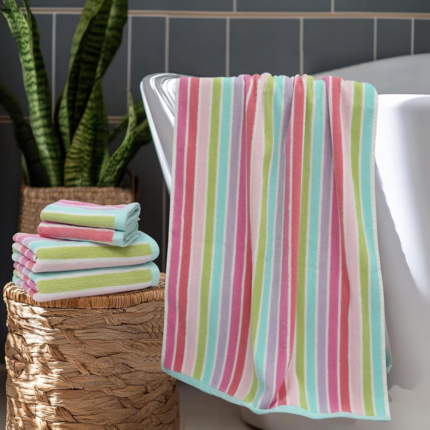 ORIGINAL KIDS 6 Piece Towel Set - 2 Bath Towels, 2 Hand Towels, 2 Washcloths - 100% Cotton - Soft Absorbent Quick Dry - Durable Pool Shower Beach - Gift - Pink Multi