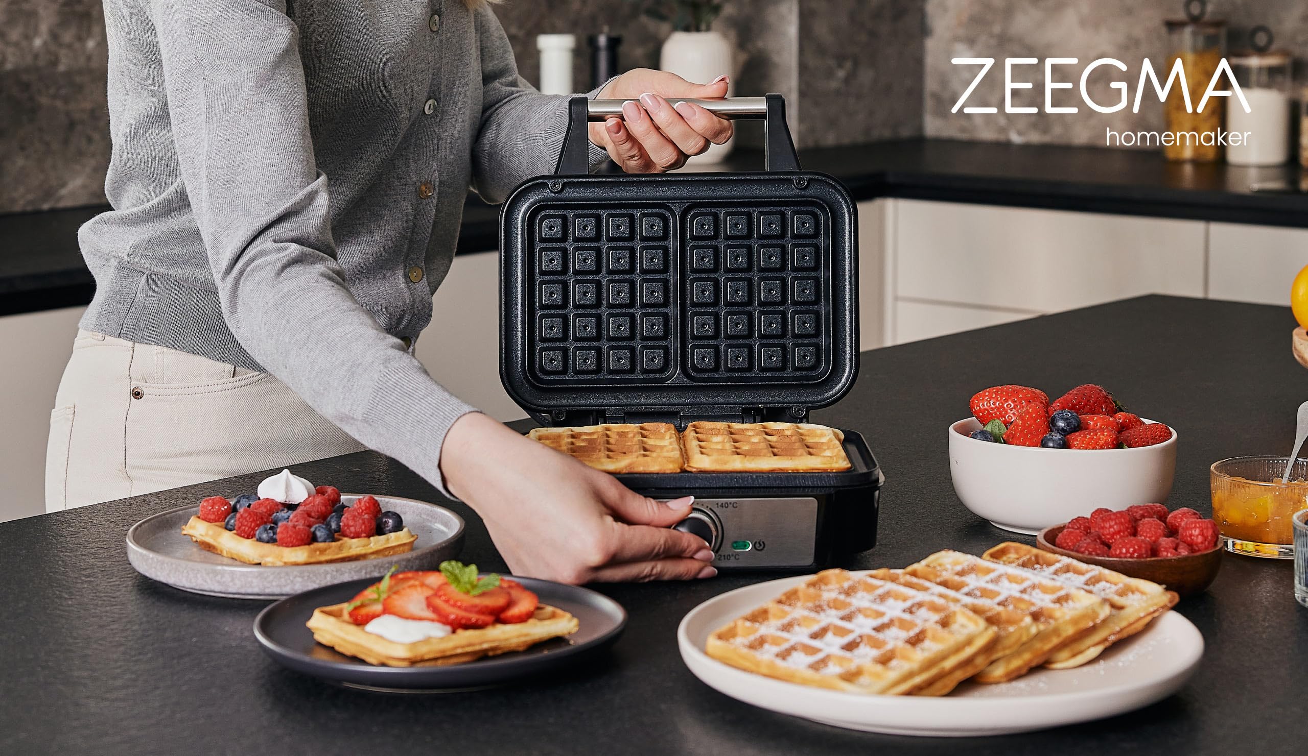 ZEEGMA GOFREE CHEF PRO Gofrera de Alta Potencia 1200 W para Gofres Belgas, Doble, Vertical, Revestimiento Antiadherente, Control de Temperatura, Indicador de Listo, Gofres Gruesos