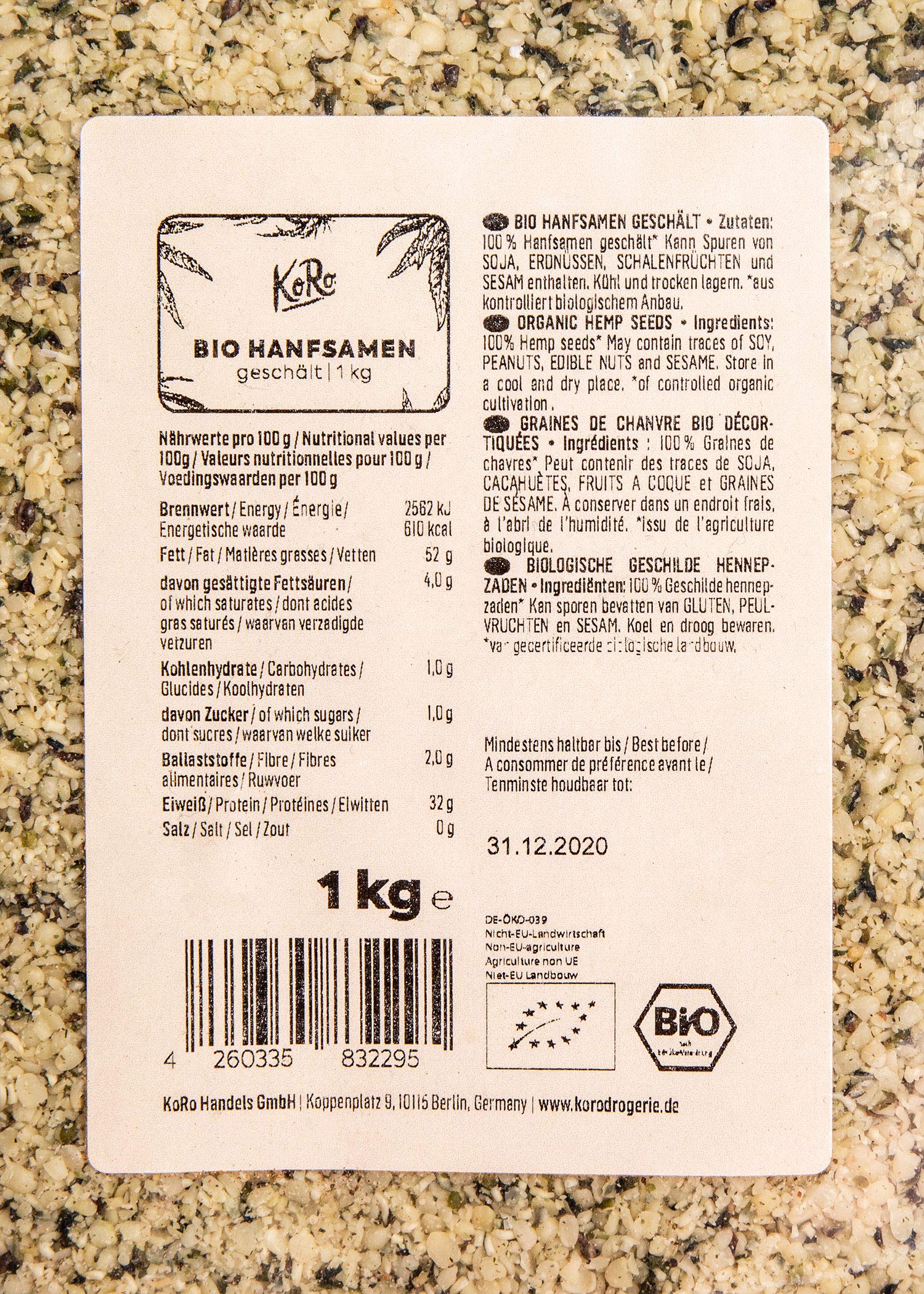 KoRo - Geschälte Bio Hanfsamen 1 kg - Hoher Proteingehalt - Rein pflanzlich - Aus kontrolliert biologischem Anbau - Perfekt als Topping für Smoothies, Bowls und Salate