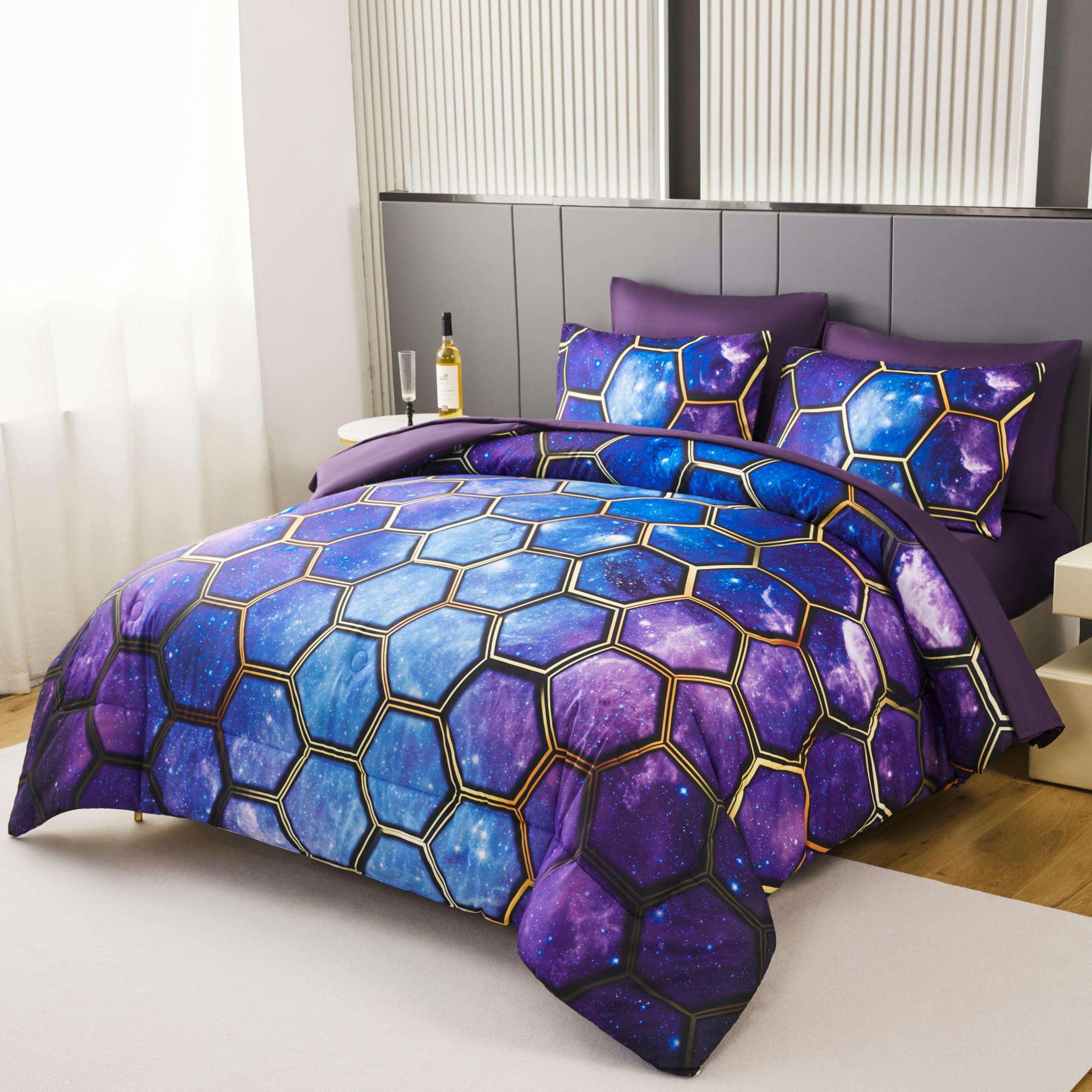 ZSYAYAHA Galaxy Girls Comforter Set Twin Boys Space Bed Set 7 Pieces Blue Purple Star Bedding Set Soft Warm Gold Trim Hexagon Bed in A Bag for Kids Teens(Galaxy Blue Purple, Twin)
