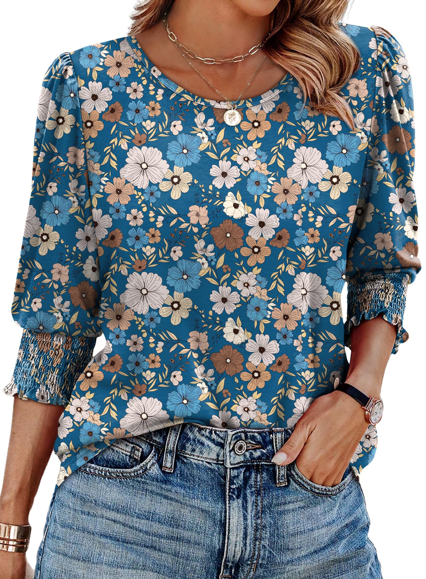 XIEERDUO Blouses for Women Dressy Casual 3/4 Length Sleeve Womens Tops with Smocked Cuffs