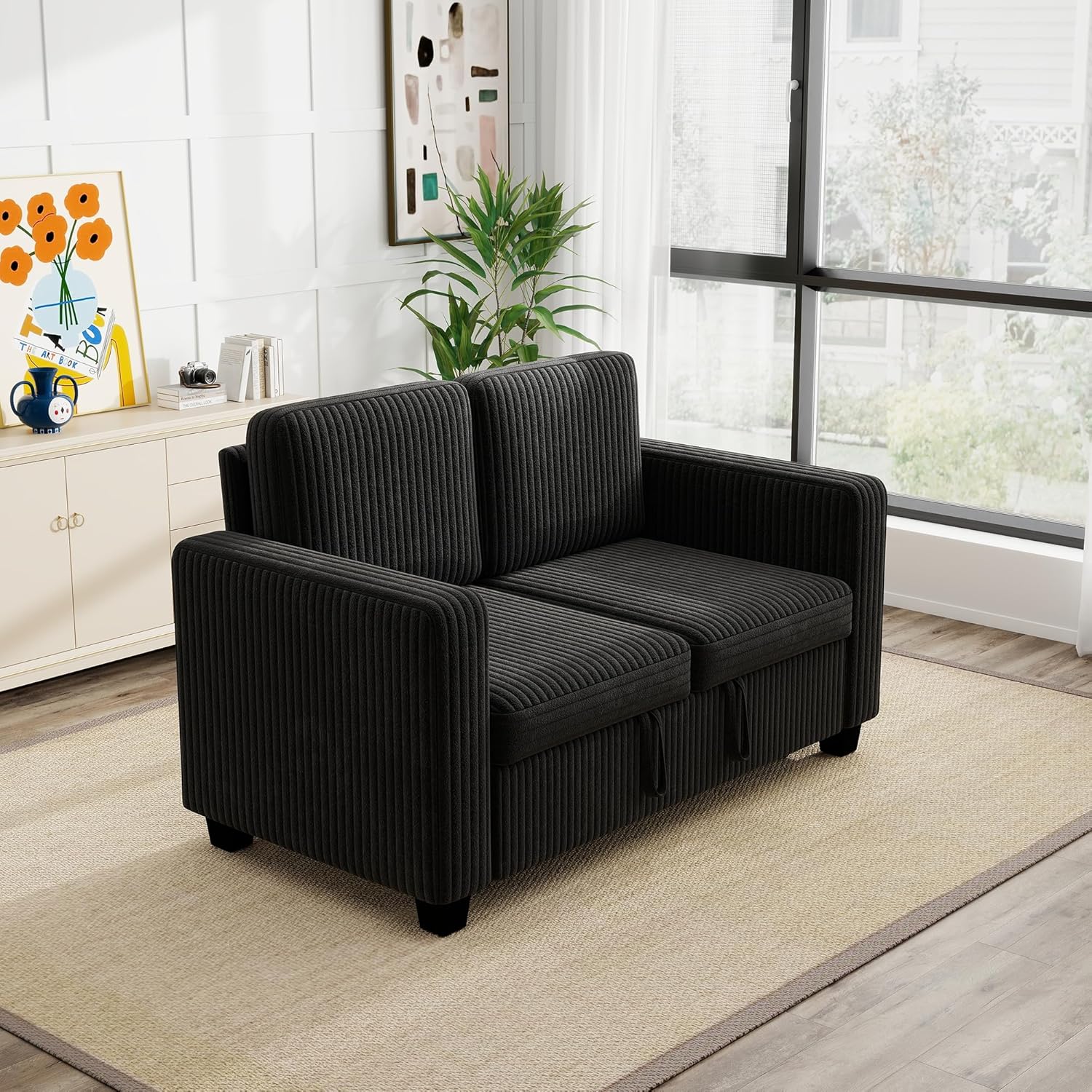 58.1 Inch Black Corduroy Modular 2-Seat Pull-Out Sofa Bed, Multi-Functional 2-in-1 Convertible Couch for Small Space Living Room