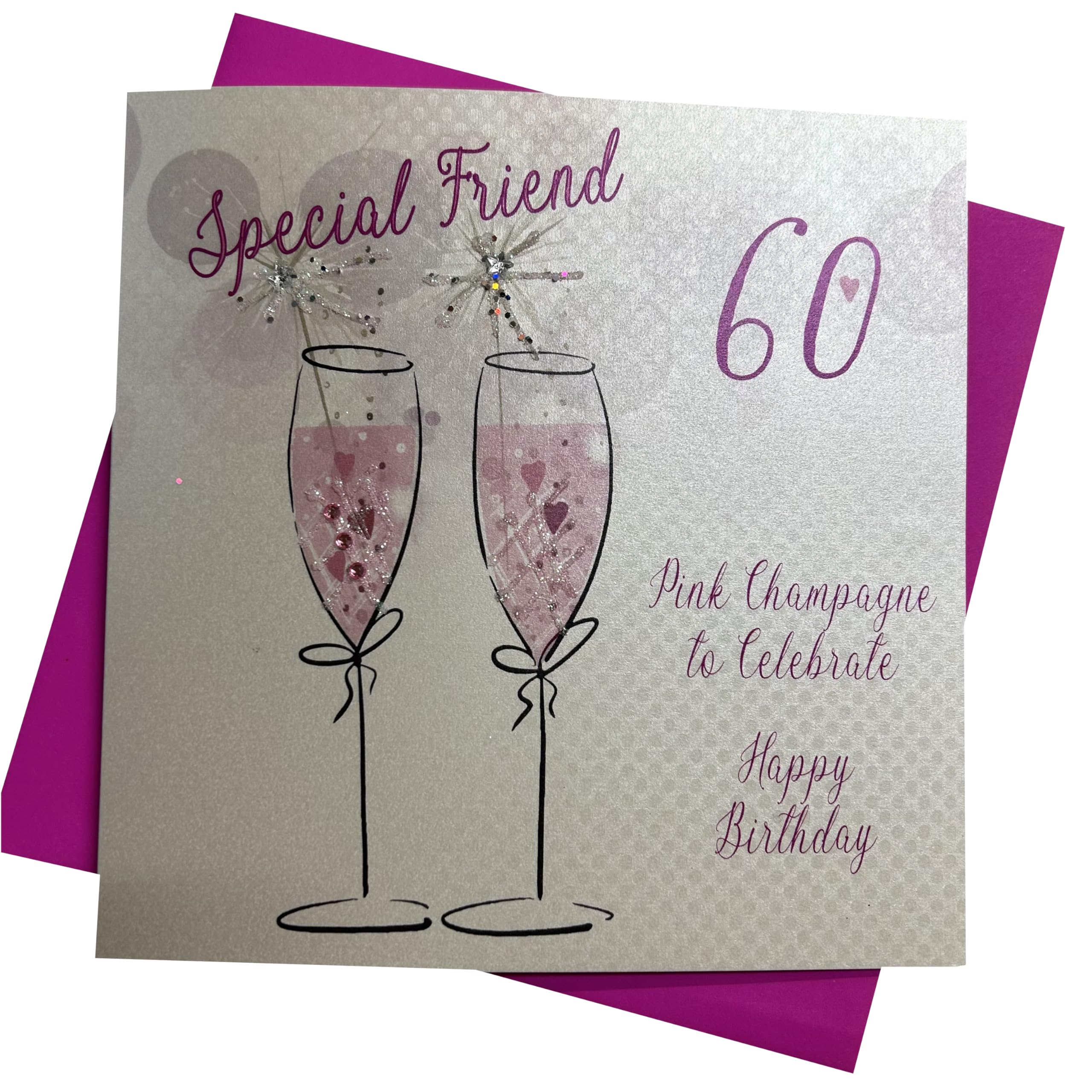 WHITE COTTON CARDS "Pink Champagne, Special Friend 60 to Celebrate Happy Birthday Handmade 60th Birthday Card, White, WBA60P-SF