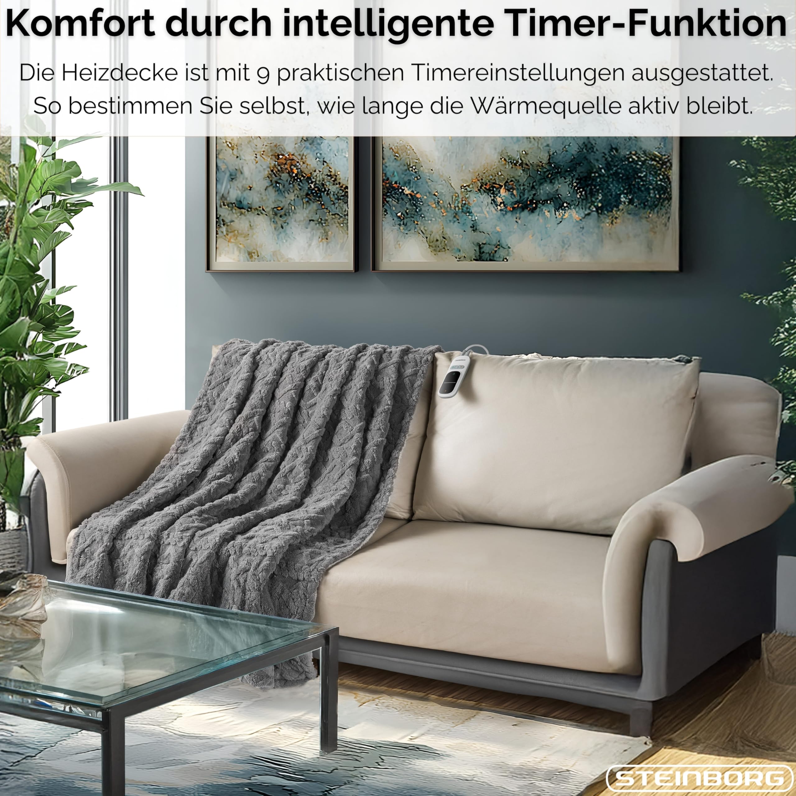 Steinborg® Heizdecke 180x130 cm mit Abschaltautomatik – Elektrische Kuscheldecke für Bett & Sofa, Wärmedecke mit 9 Heizstufen, maschinenwaschbar, weiche Wärmezudecke