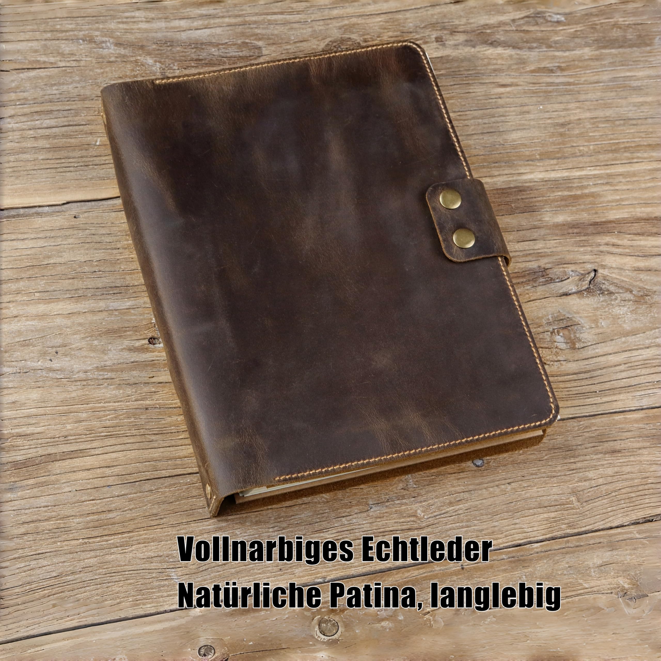 Vintage A4 Leder-Portfolio mit 4-Ring-Mechanik, handgenähte Schreibmappe aus vollnarbigem braunem Leder, Organizer mit Fächern, personalisierbar – Präsentationsmappe fürs Büro & Studium