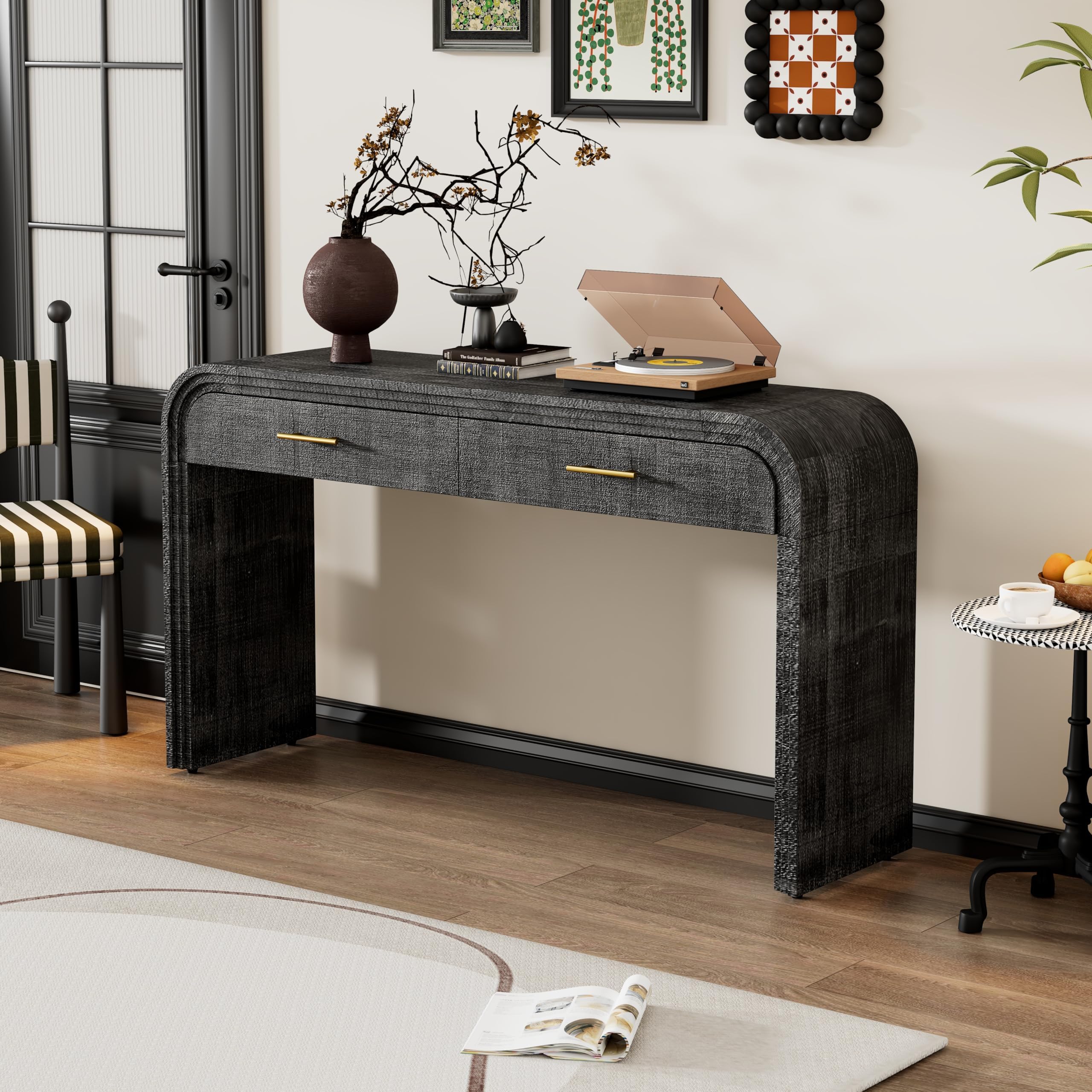 Quarte Retro Silhouette Console Table with Open Style and Two Top Drawers,Solid Wood Entryway Sofa Side Table for Hallway, Living Room,Entrance (Antique Black#1)