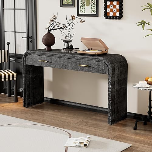 LUMISOL Mesa consola de granja, mesa de sofá de madera con 2 cajones y asas de metal dorado, mesa de pasillo moderna para sala de estar, comedor,
